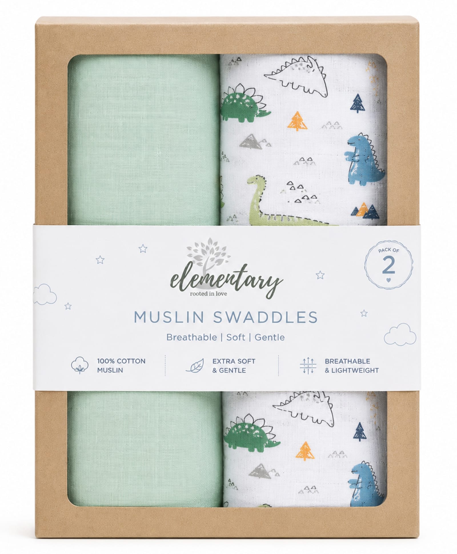 Elementary Organic Cotton Muslin Swaddle Wraps Jurassic Trails Theme Set of 2 - Green & Blue-image-26