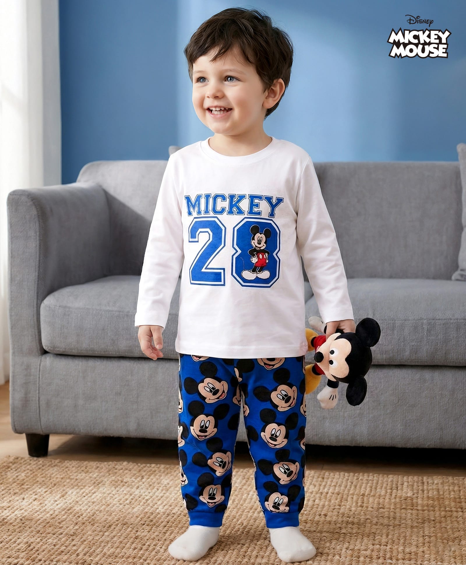 Babyhug Disney Single Jersey Knit Full Sleeves Night Suit With Mickey Mouse Graphics - White-picture-21