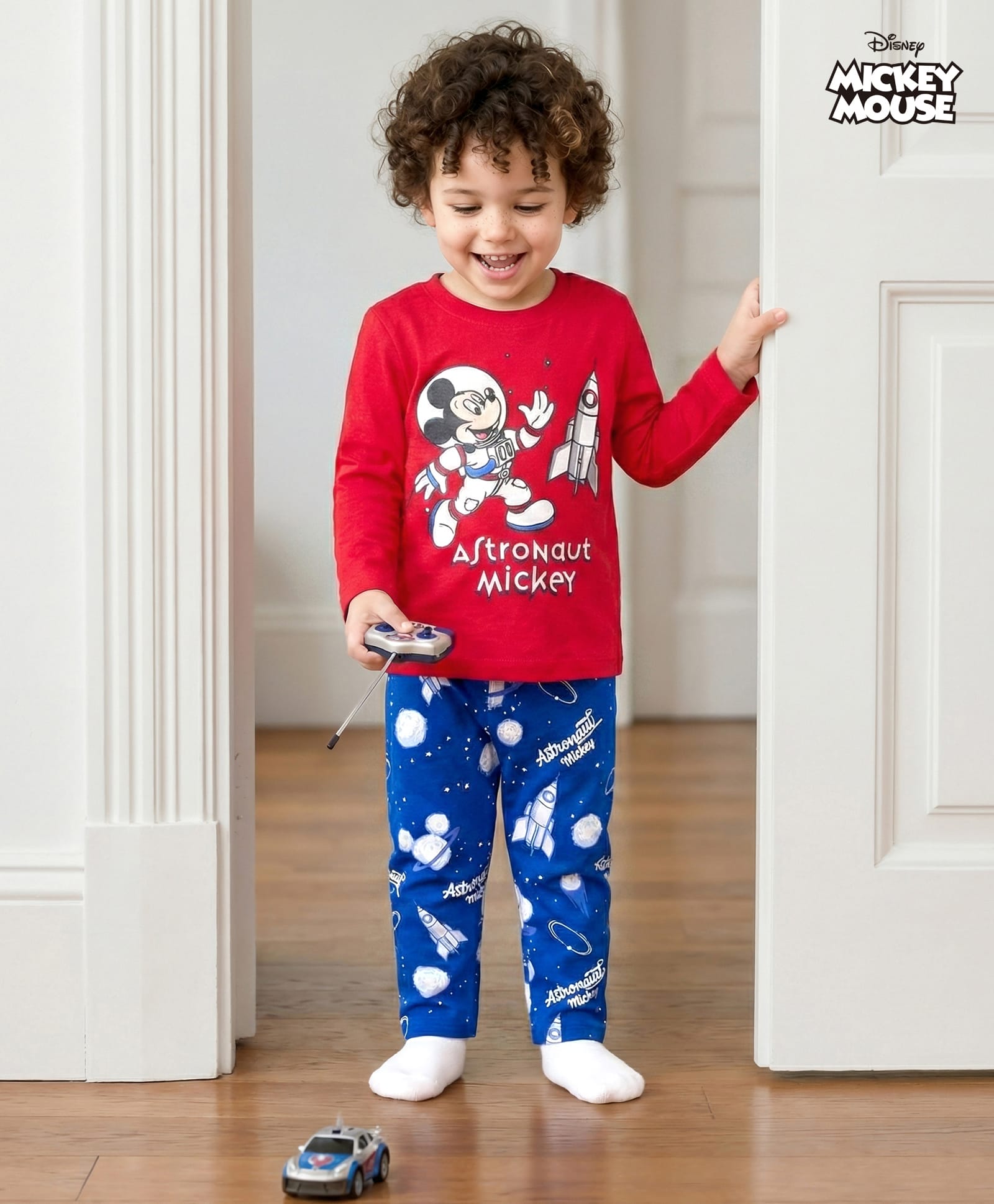 Babyhug Disney Single Jersey Knit Full Sleeves Night Suit With Mickey Mouse Graphics - Red & Navy Blue-image-49