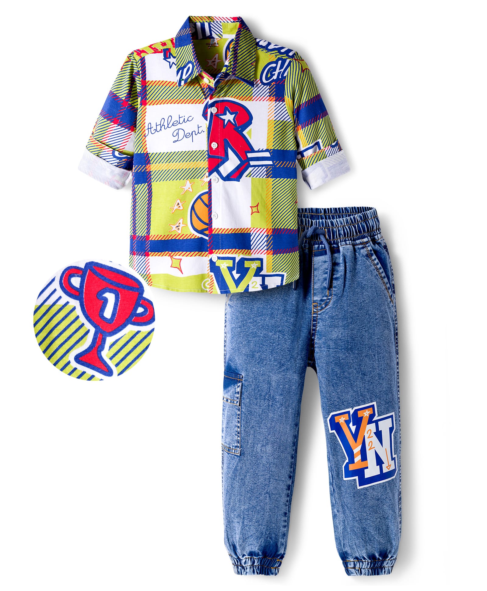 OLLINGTON ST. Cotton Full Sleeves Printed Shirt & Denim Joggers Set -Multicolor & Blue-image-16