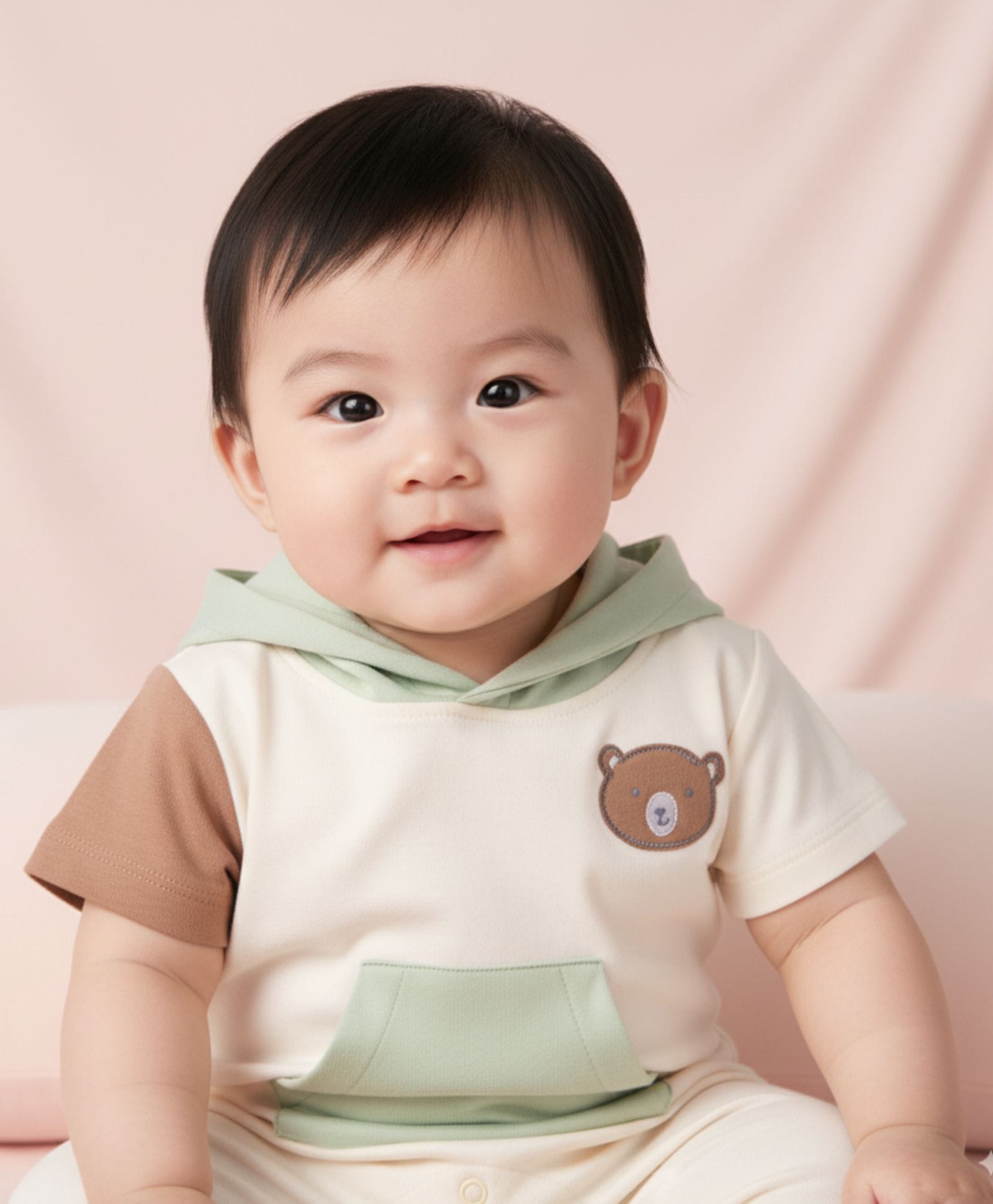 My Milestones 100% Cotton Knit Half Romper Color Blocked & Bear Patch Detailed Romper - Ecru-image-23