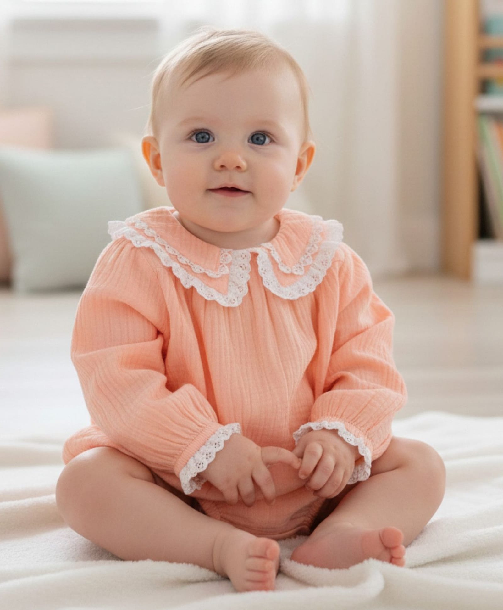 My Milestones Cotton Woven Full Peasant Sleeves Lace Frill Detailed Onesie - Peach-image-49