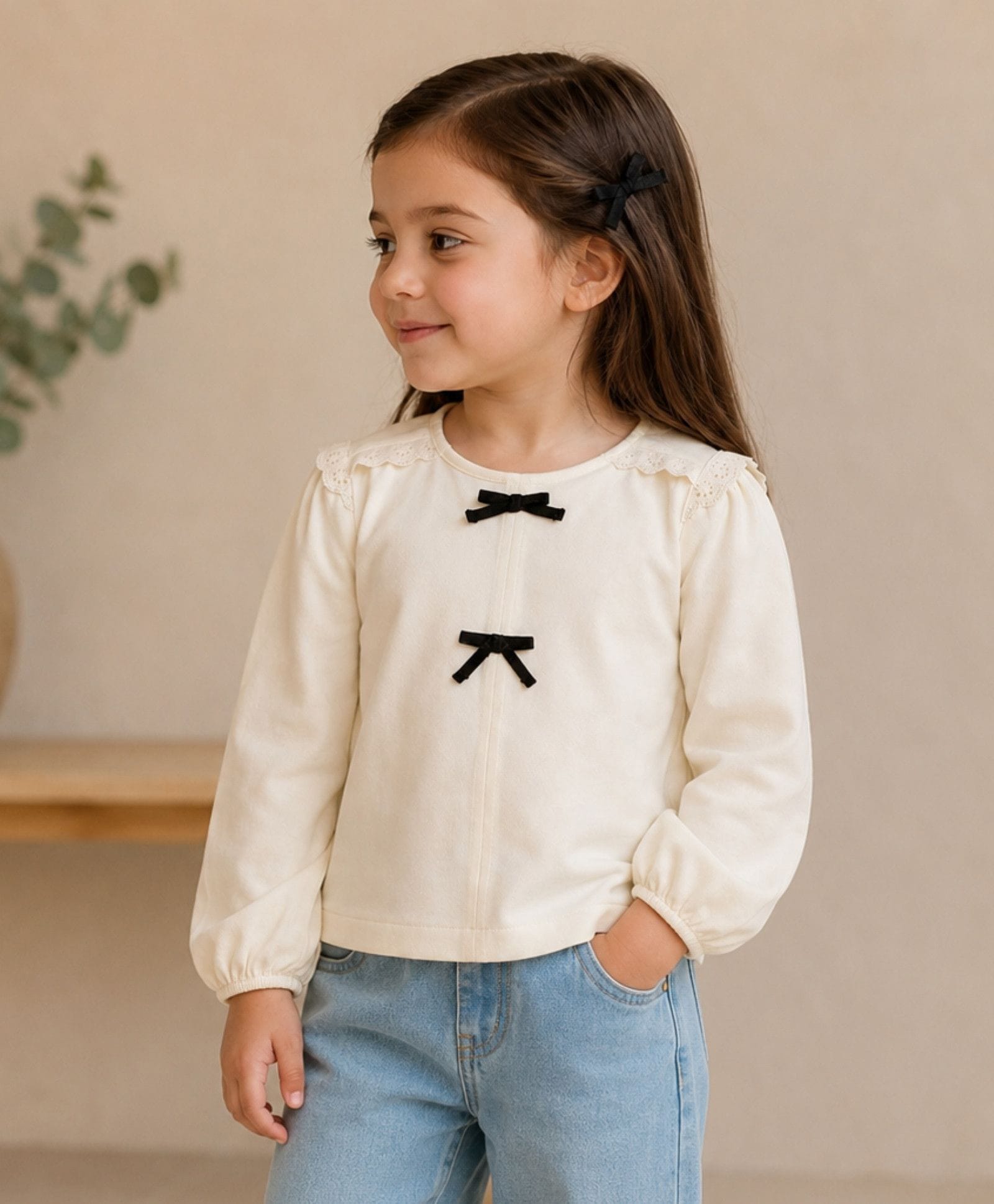 My Milestones 100% Cotton Knit Full Sleeves Bow & Lace Embellished Top - Ecru-picture-2