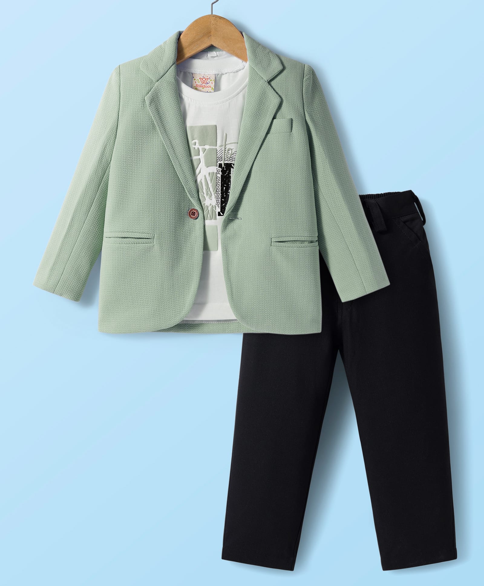 Rikidoos Typography Printed Tee & Pant Set With Full Sleeves Solid Blazer - Pista Green & Black-picture-12
