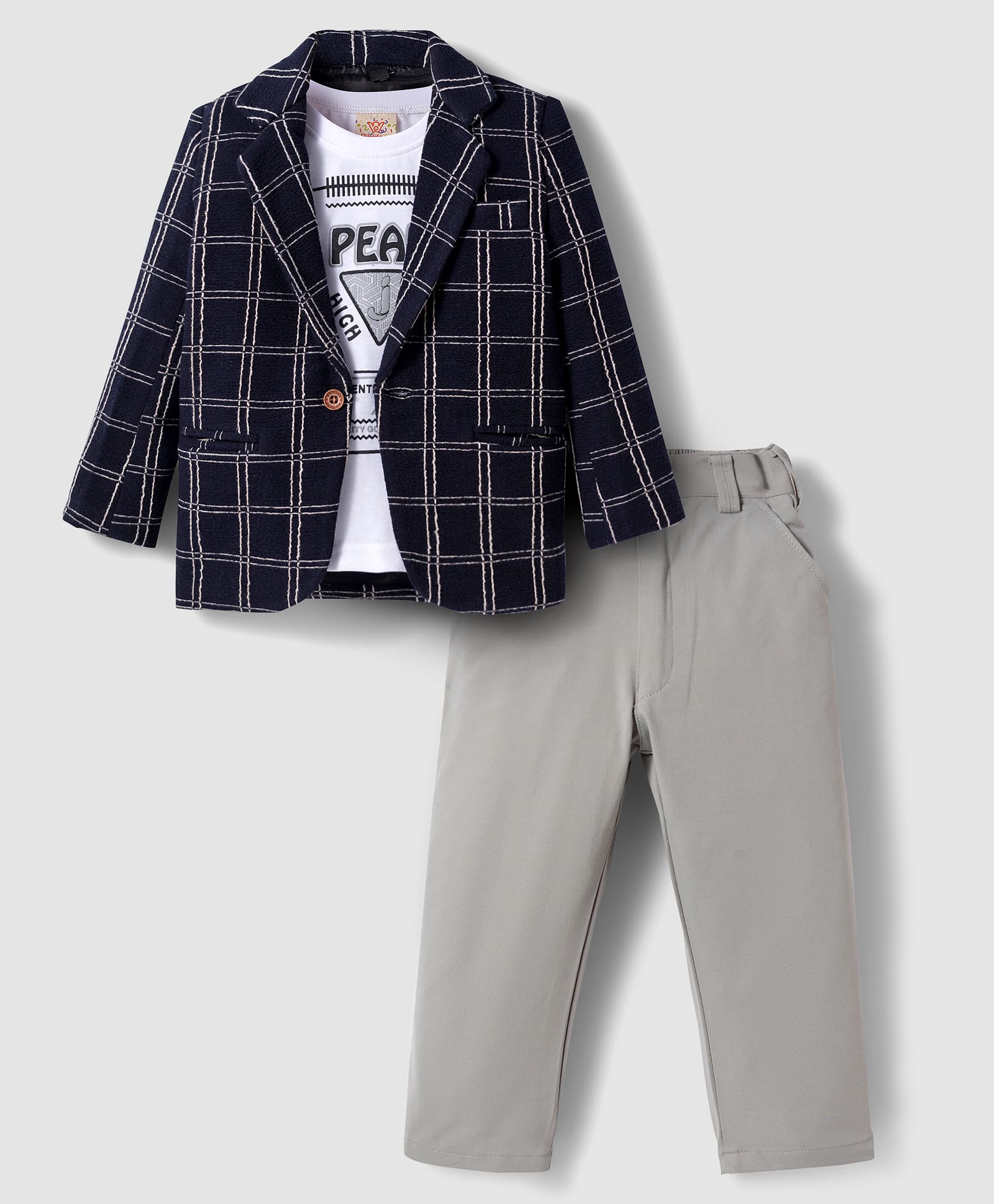 Rikidoos Full Sleeves Checked Blazer With Tee & Pant Set - Navy Blue & Grey-picture-32