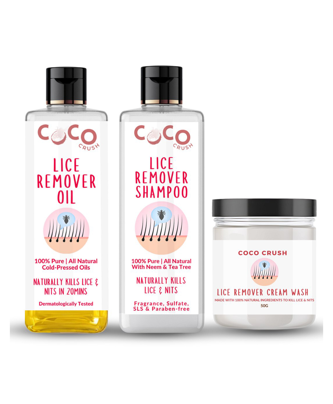 Coco Crush 100% Natural Lice Nits Treatment Oil, 50ml; Cream, 50g; & Shampoo, 50ml-image-38