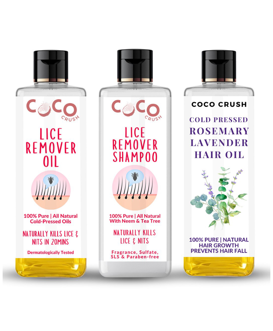 Coco Crush Natural Rosemary Lavender Hair Oil, Lice Nits Killer Organic Oil & Shampoo (3x100ml)-image-44