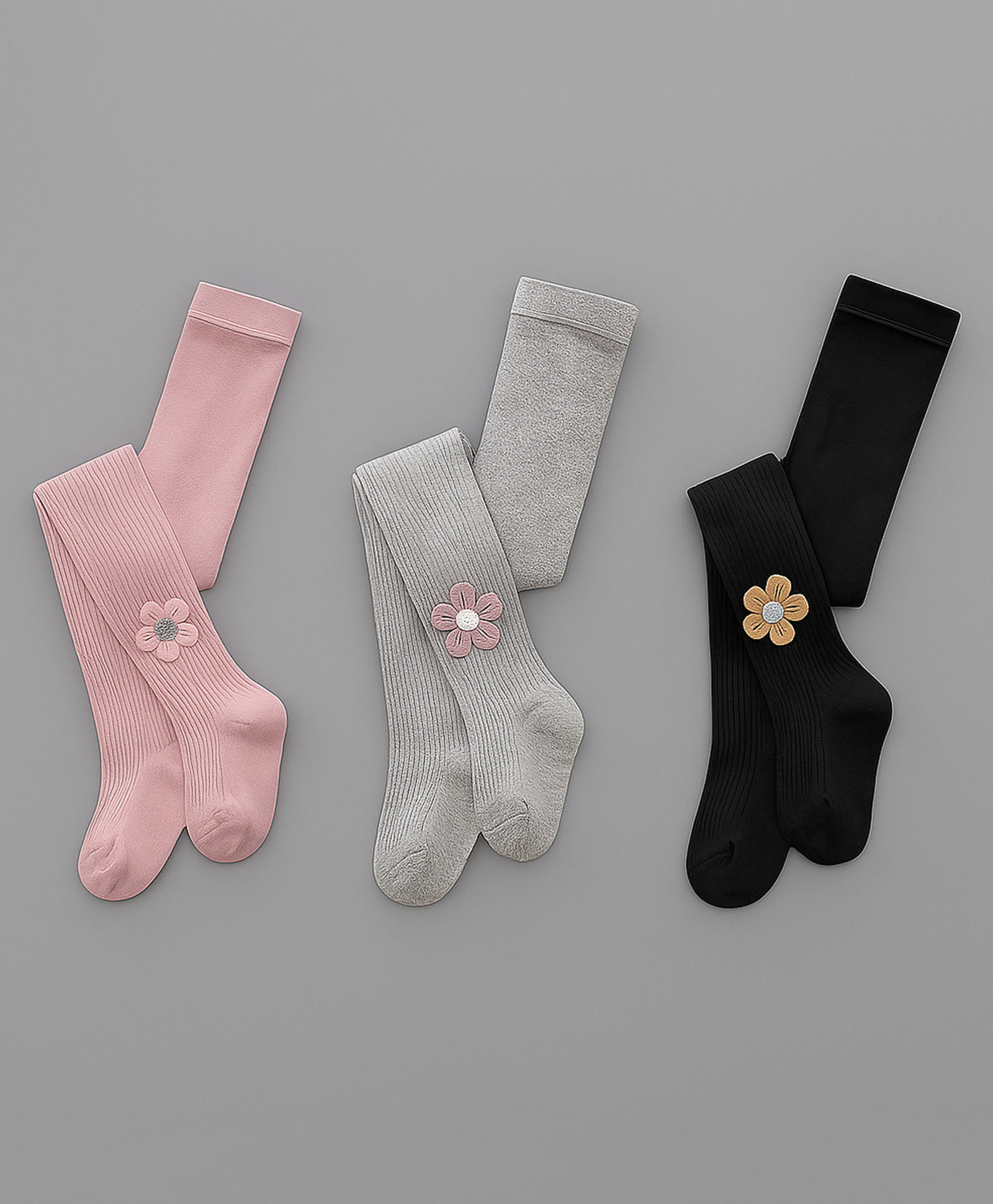 SYGA Pack of 3 Cotton Flower Design Stockings - Pink, Grey & Black-image-42
