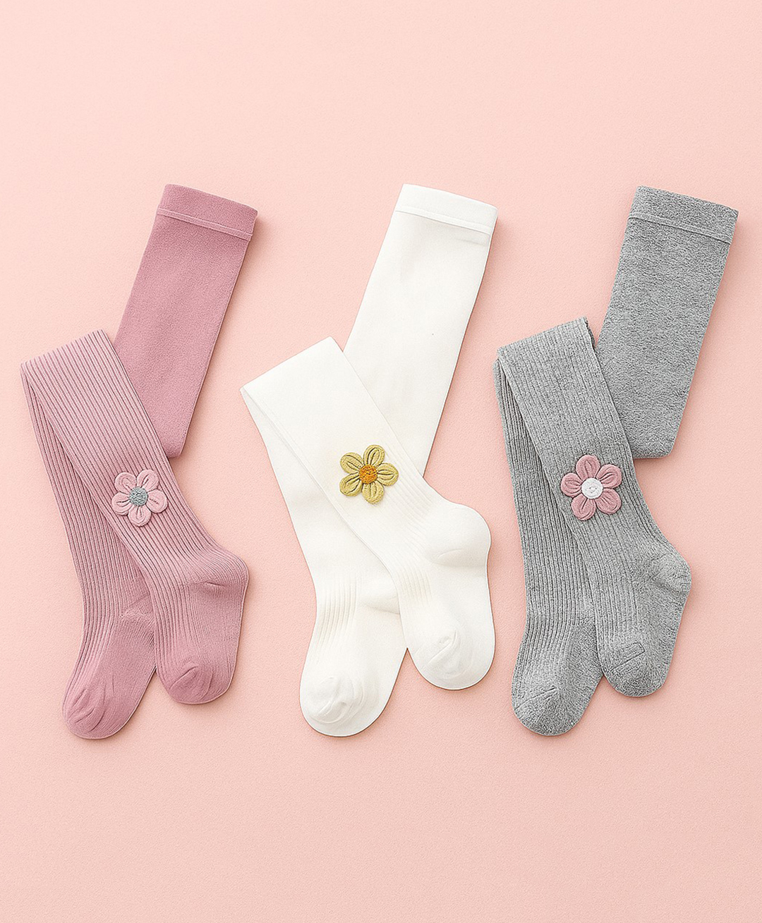 SYGA Pack of 3 Cotton Flower Design Stockings - White, Pink & Grey-image-46