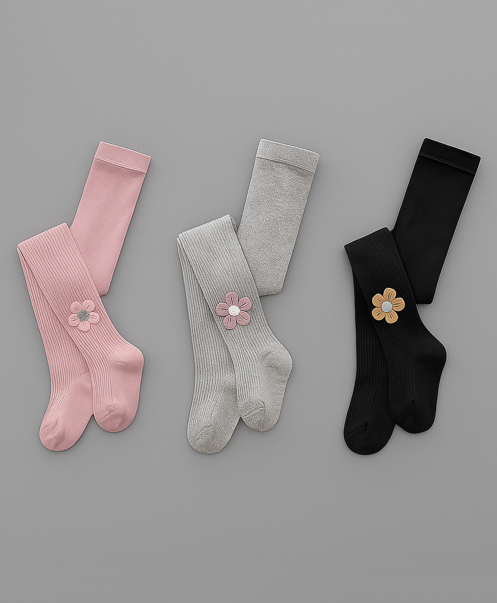 SYGA Pack of 3 Cotton Flower Design Stockings - Black, Pink & Grey-image-13