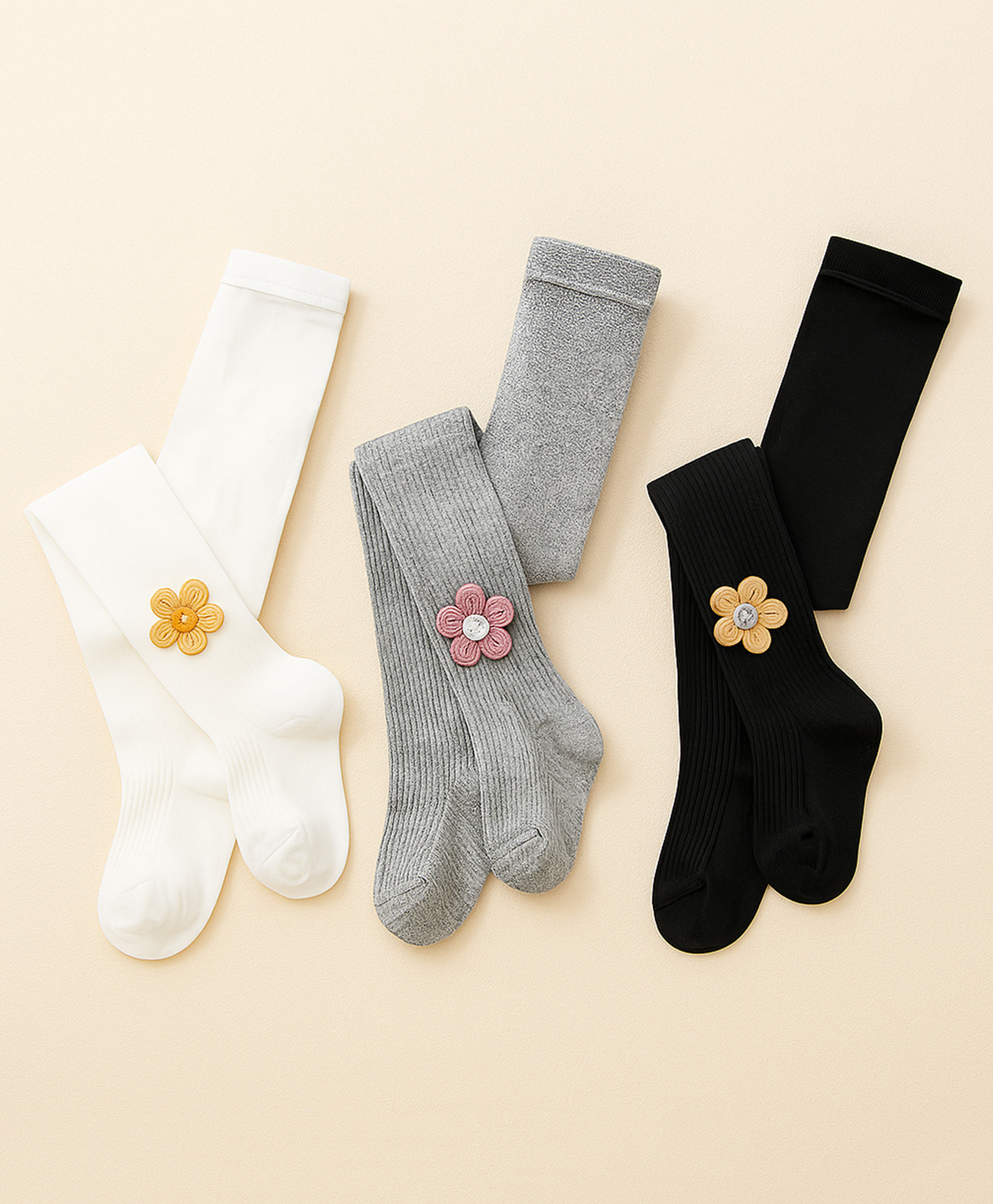 SYGA Pack of 3 Cotton Flower Design Stockings - Black, White & Grey-image-39