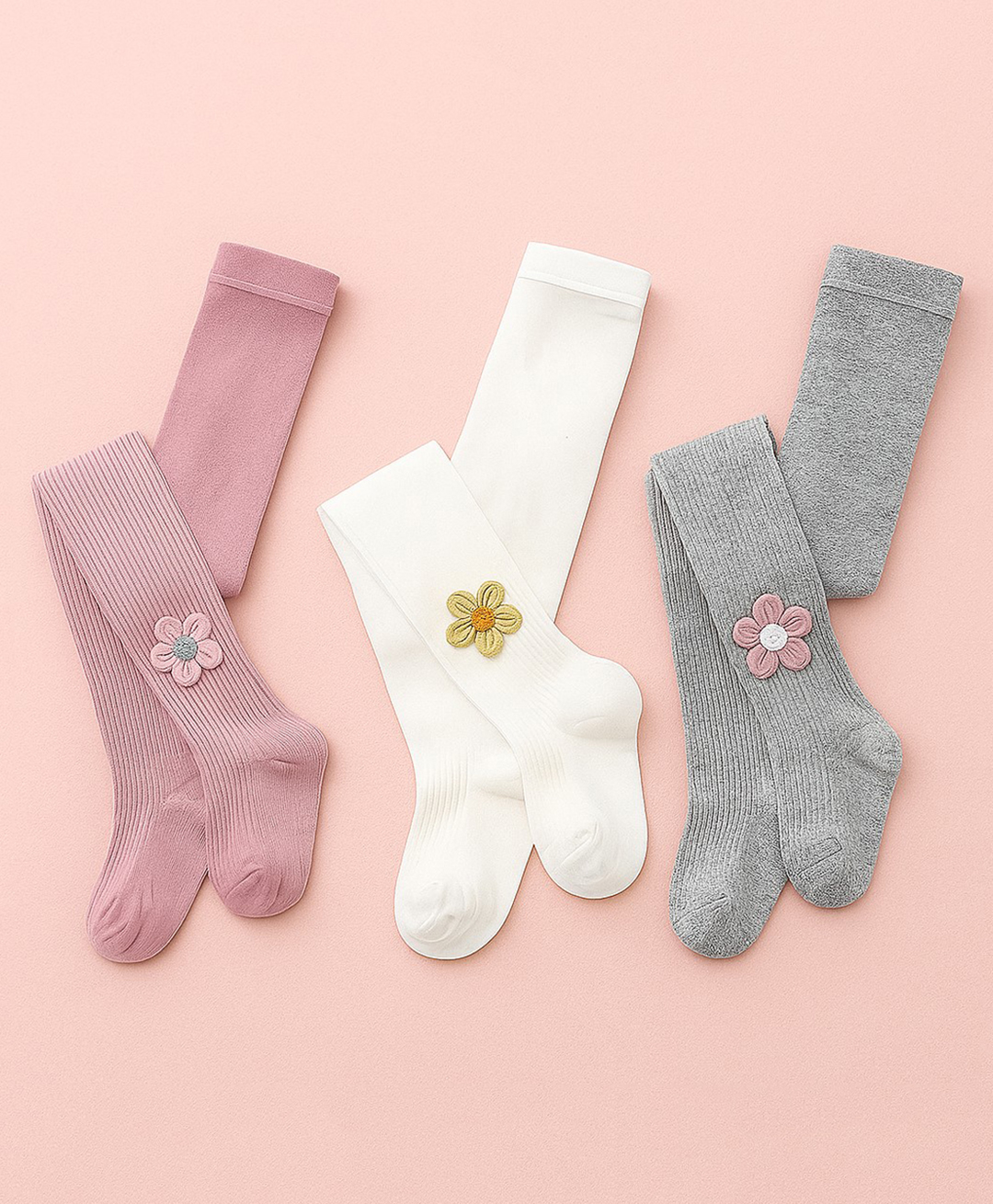 SYGA Pack of 3 Cotton Flower Design Stockings - Pink, White & Grey-image-37