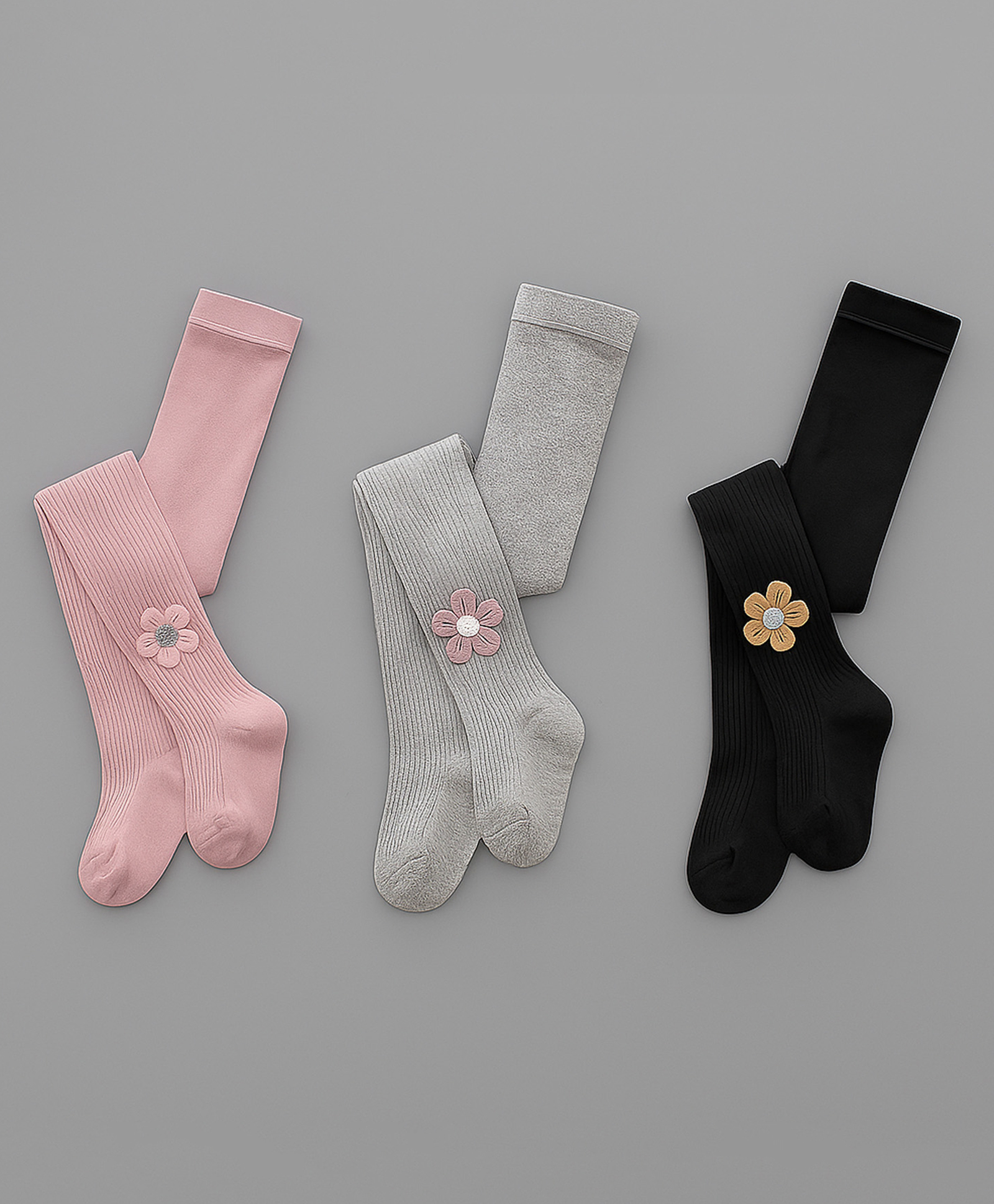 SYGA Pack of 3 Cotton Flower Design Stockings - Pink, Grey & Black-image-12