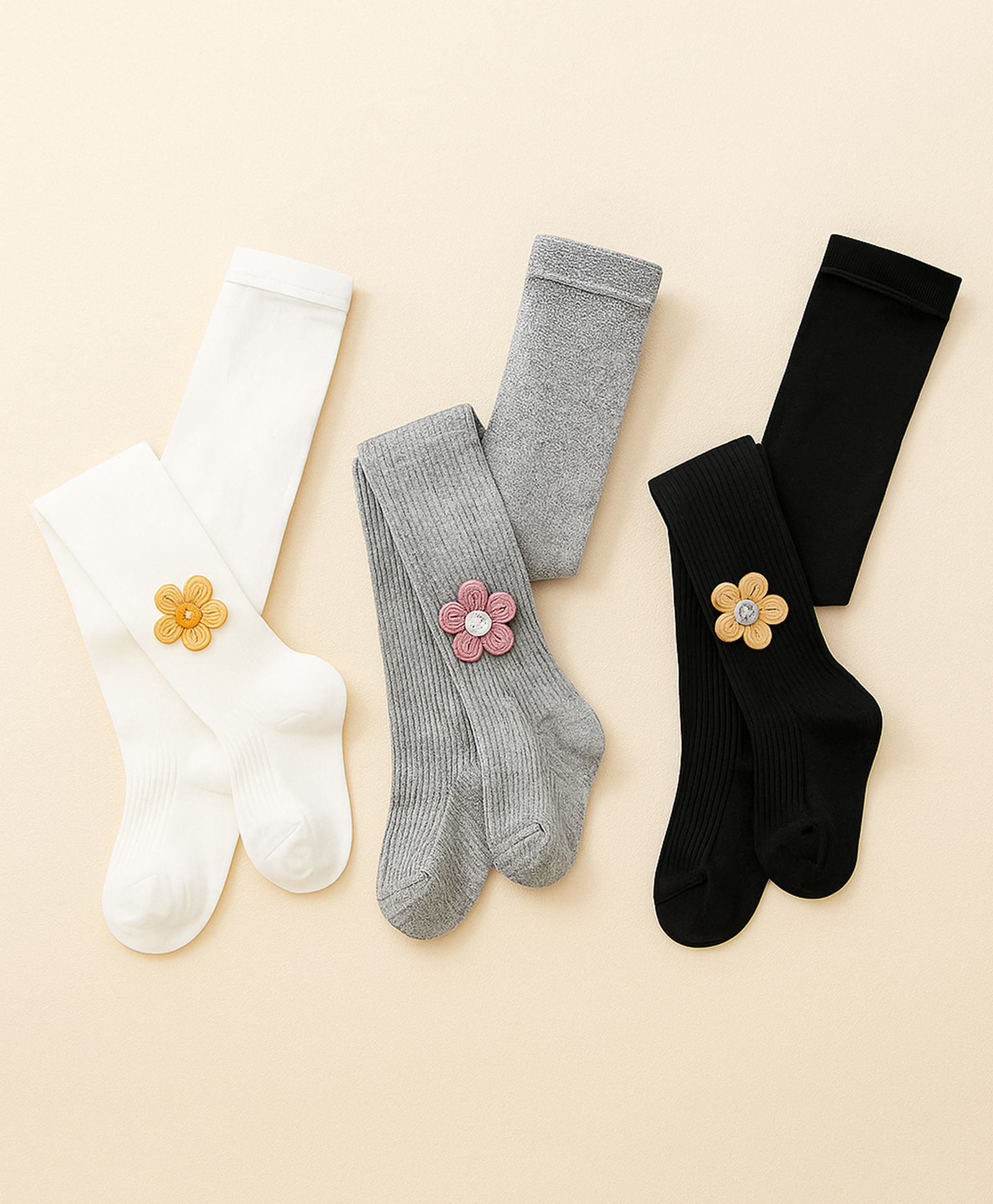 SYGA Pack of 3 Cotton Flower Design Stockings - White, Grey & Black-image-37