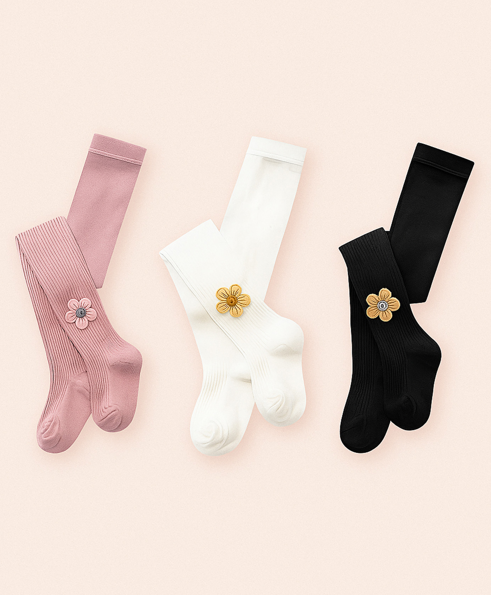 SYGA Pack of 3 Cotton Flower Design Stockings - White, Black & Pink