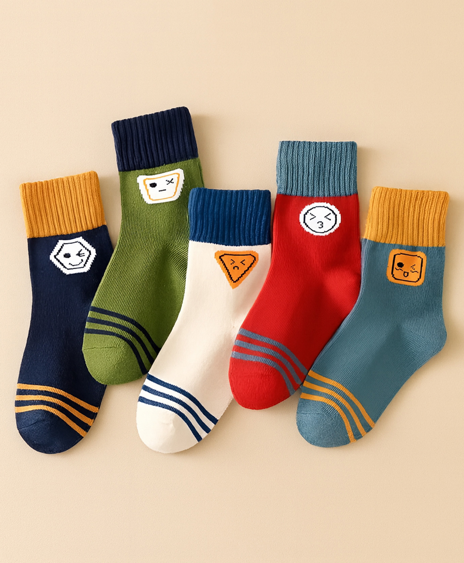 SYGA 5 Pairs Cotton Emoji & Stripe Print Socks - Multi Colour-image-49