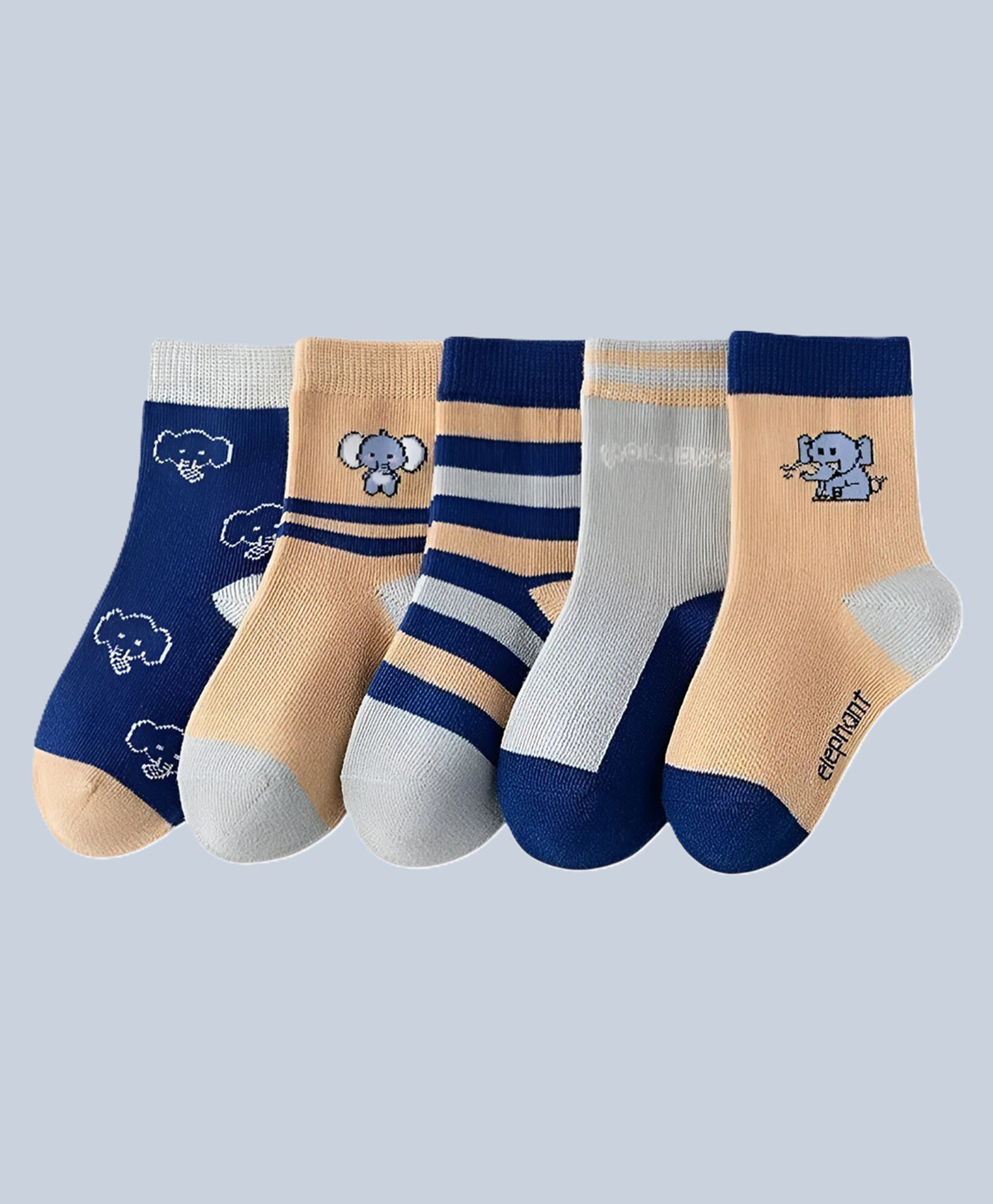 SYGA 5 Pairs Cotton Elephant and Strip Printed Socks - Multi Colour-image-2