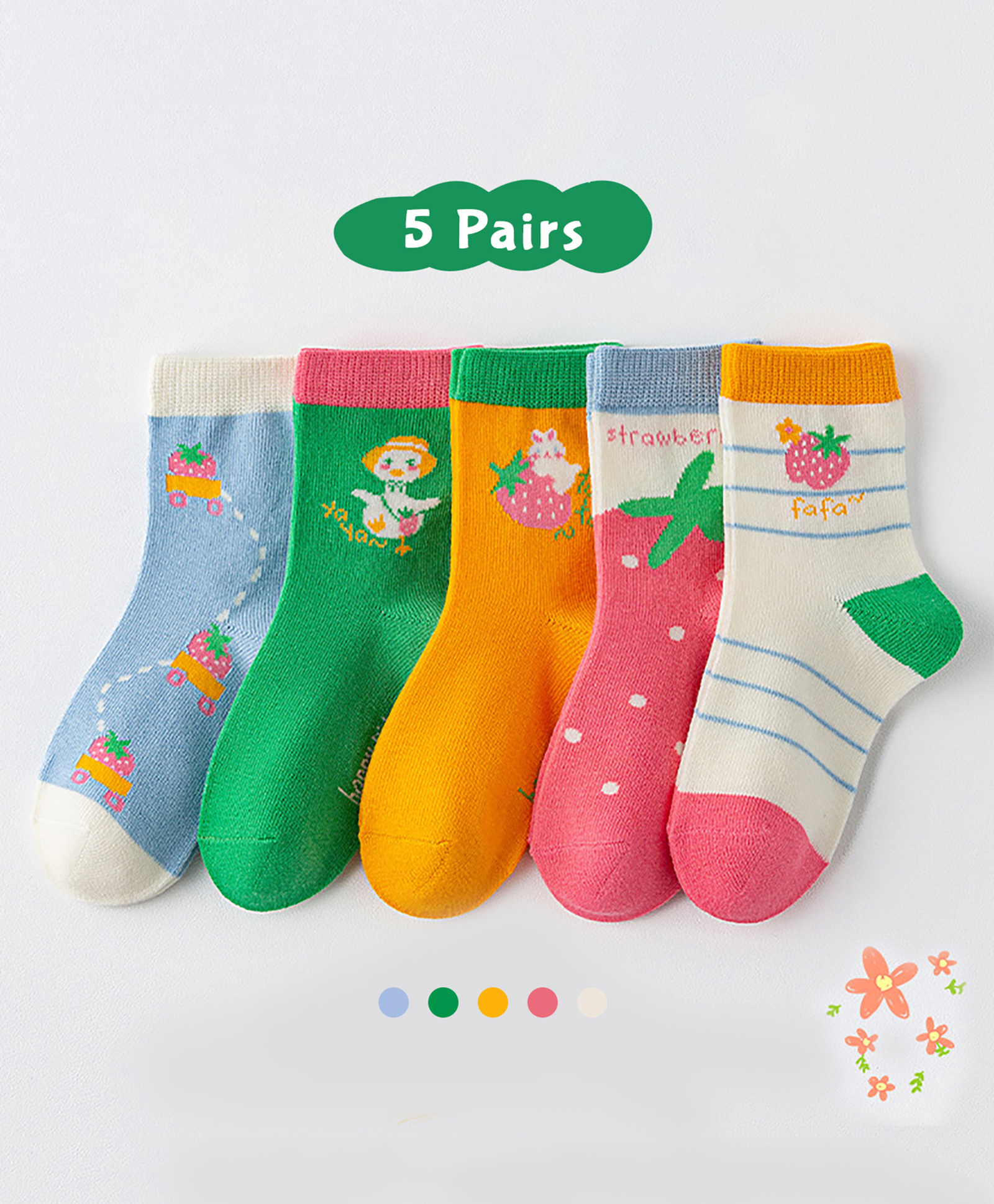 SYGA 5 Pairs Cotton Strawberry & Fruit Printed Socks - Multi Colour-picture-26