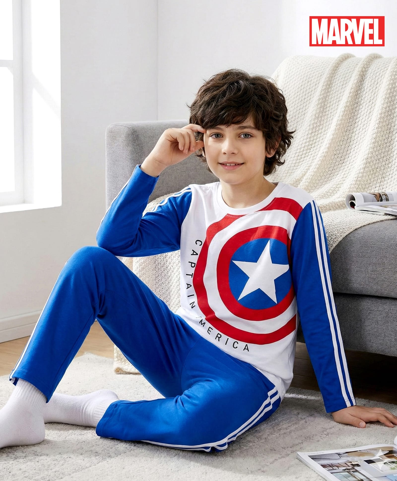 Honeyhap Marvel Single Jersey Knit Full Sleeves Night Suit With Captain America Graphics - White & Blue-image-34