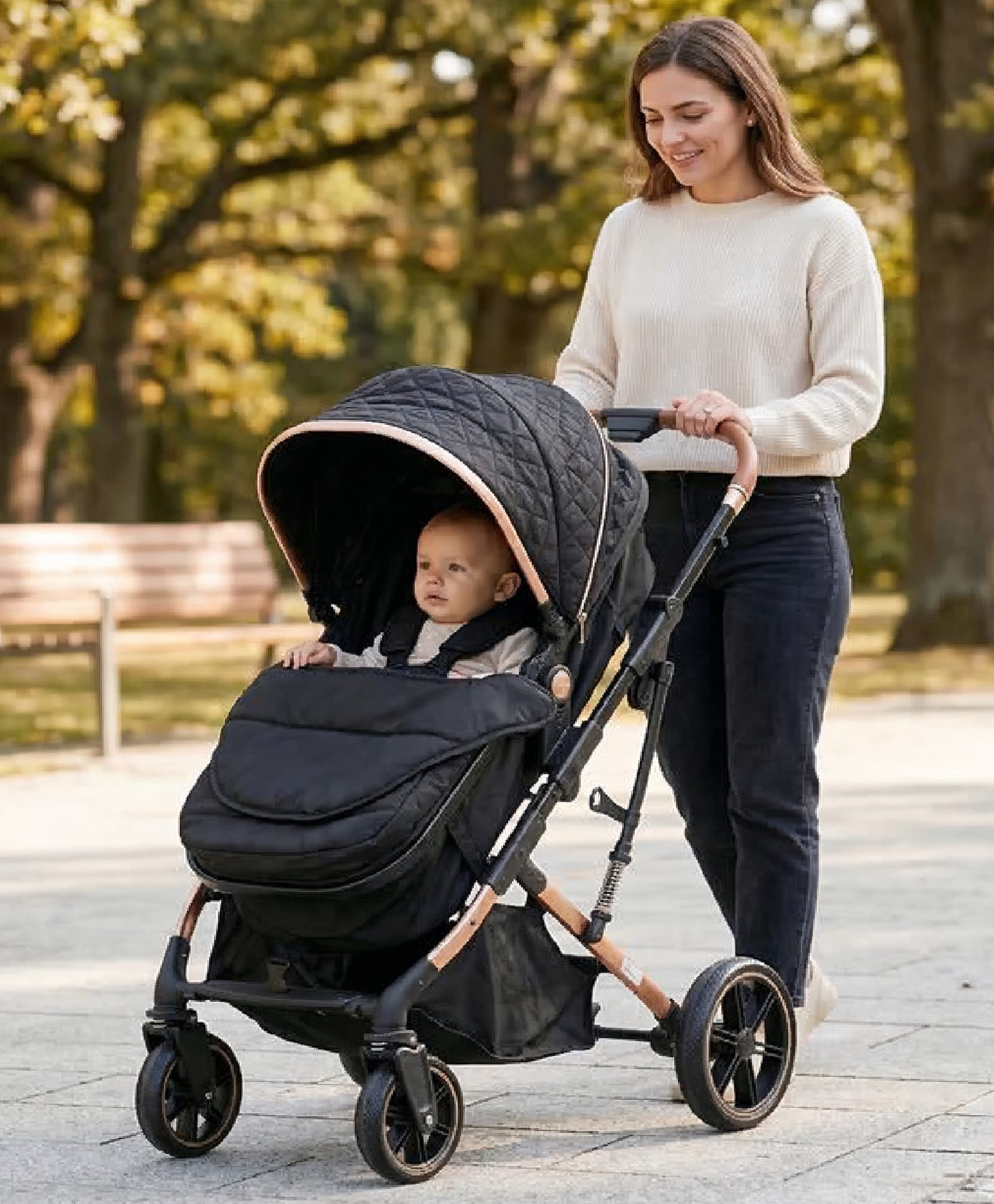 fab n funky MetroLite Gold Fold Baby Stroller with Removable Bassinet - Black Gold| One-Hand Compact Fold| Flat Recline| 5-Point Safety Harness| Suspension Wheels| Storage Basket| Linked Brake-picture-27