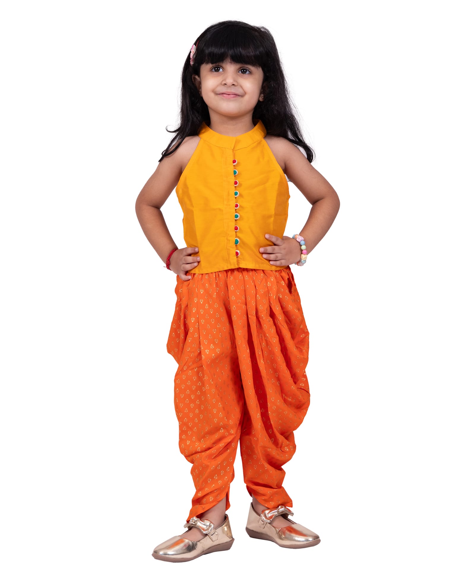 Twisha Woven Sleeveless Solid Choli With Printed Dhoti - Mustard & Orange-image-39