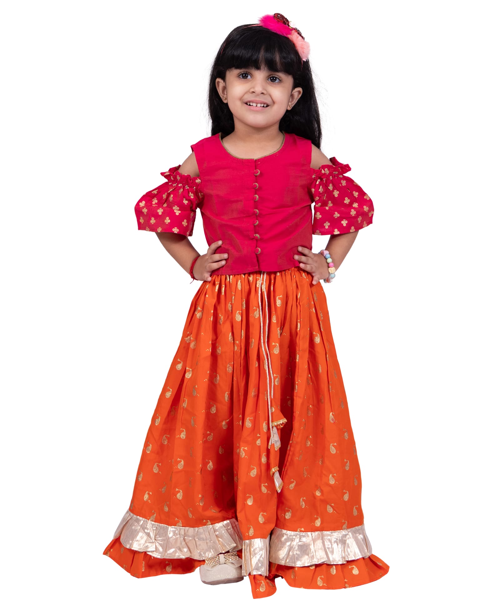 Twisha Woven Cold Shoulder Sleeves Clover & Whale Printed Choli & Lehenga - Pink & Orange-image-27