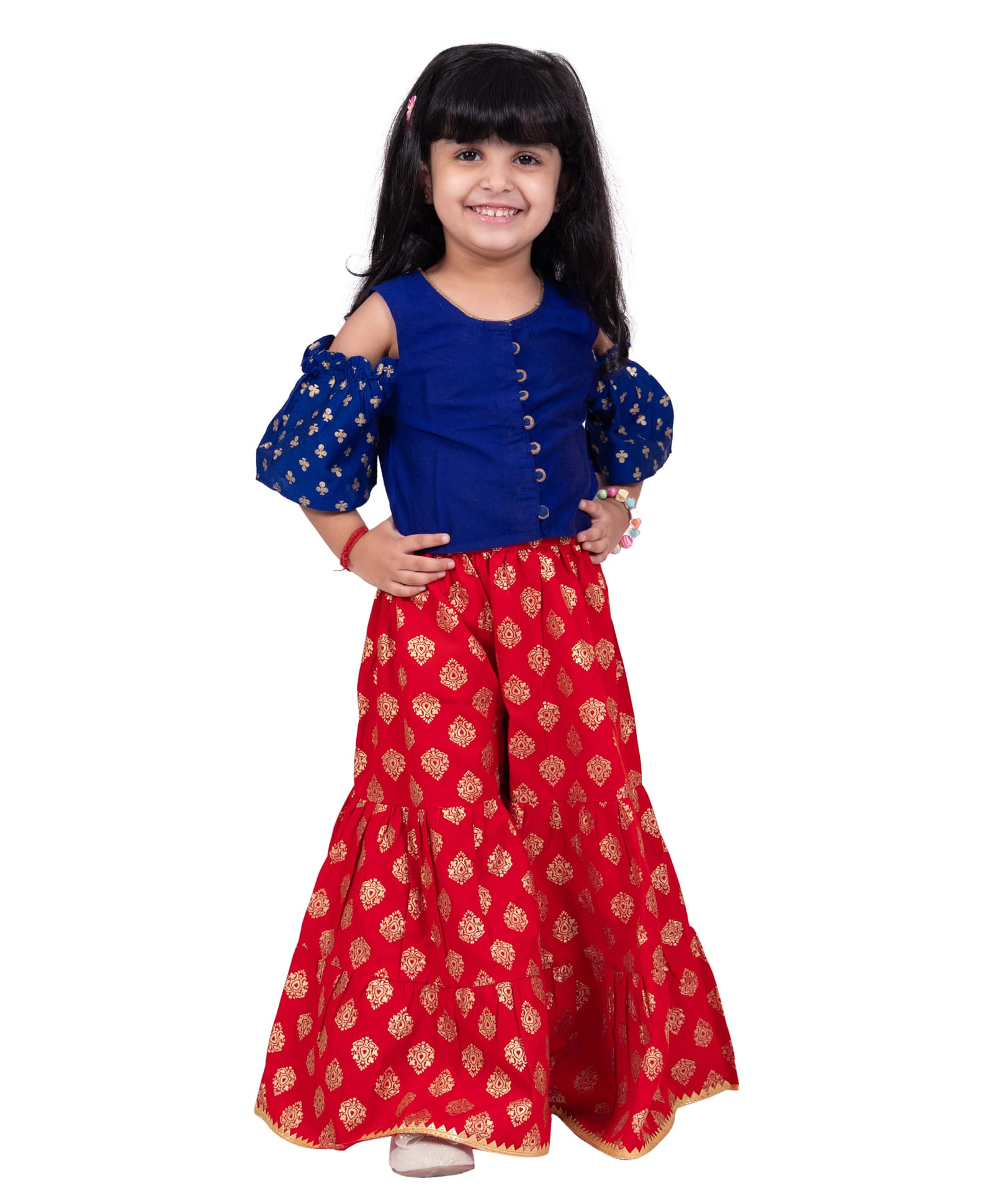 Twisha Woven Cold Shoulder Sleeves Ethnic Motif Foil Printed Top & Sharara Set - Blue & Red-image-26