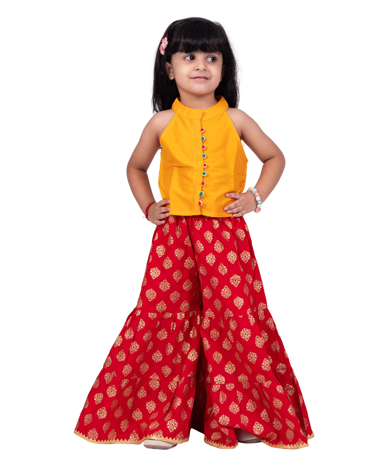 Twisha Chanderi Woven Sleeveless Solid Top & Printed Sharara-Mustard & Red-image-26
