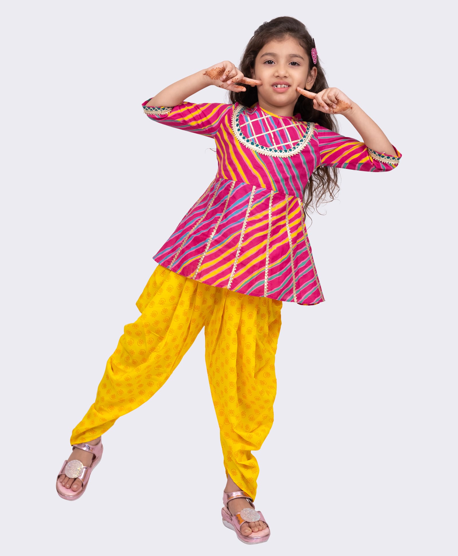 Twisha Cotton Woven Three Fourth Sleeves Leheriya Printed Gota Lace Embellished Top & Dhoti Set - Pink & Purple-image-27