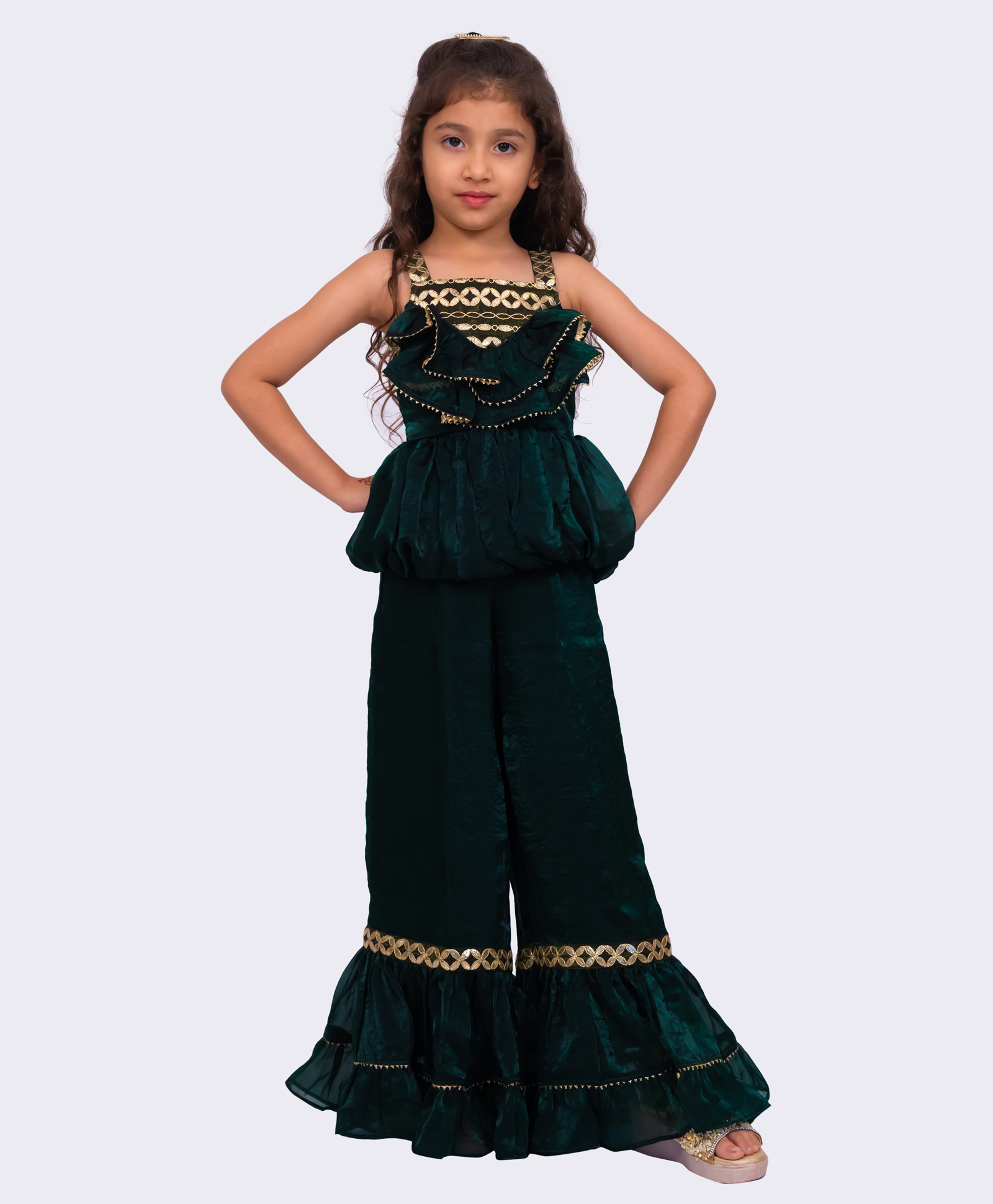 Elaisha Georgette Woven Sleeveless Gota Lace Embellished Top With Palazzo - Dark Green-image-5