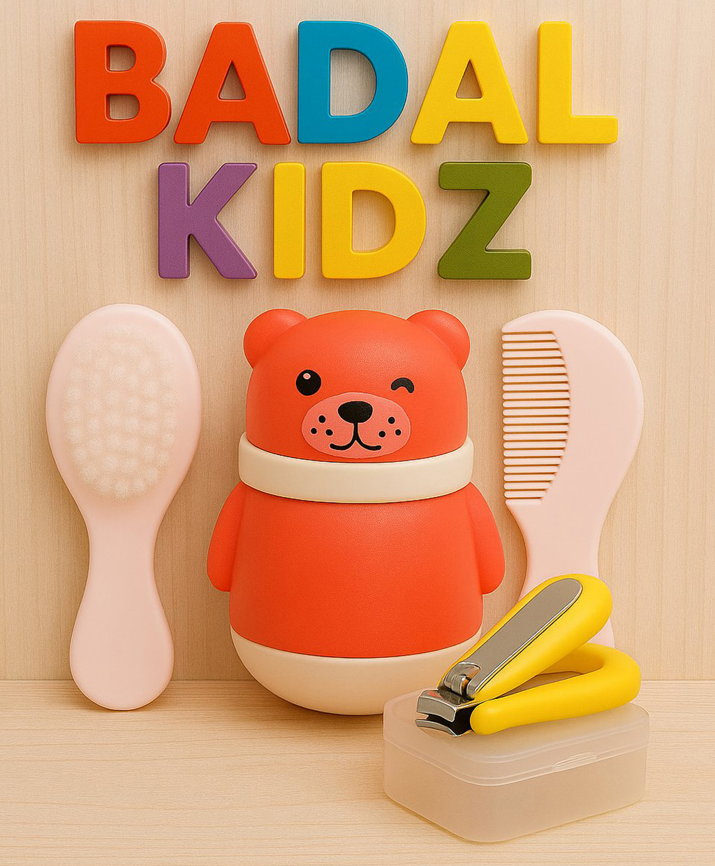 Badal Kidz Grooming Set Baby Combo| Hair Brush Comb, 1 Portable Powder Puff & A Nail Cutter- Pink, Pink & Yellow-image-49