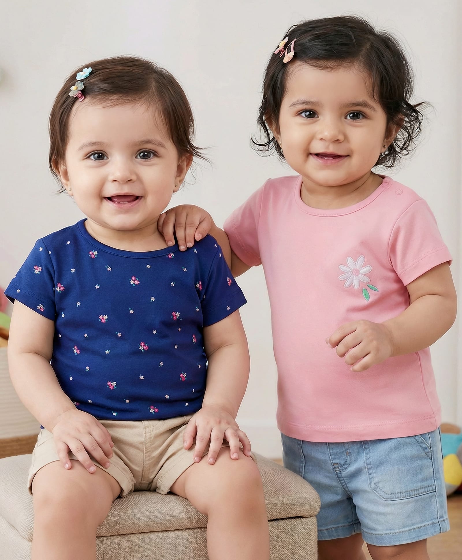 Kookie Kids Interlock Knit Half Sleeves T-Shirts with Floral Print Pack of 2 - Navy Blue & Pink-image-3