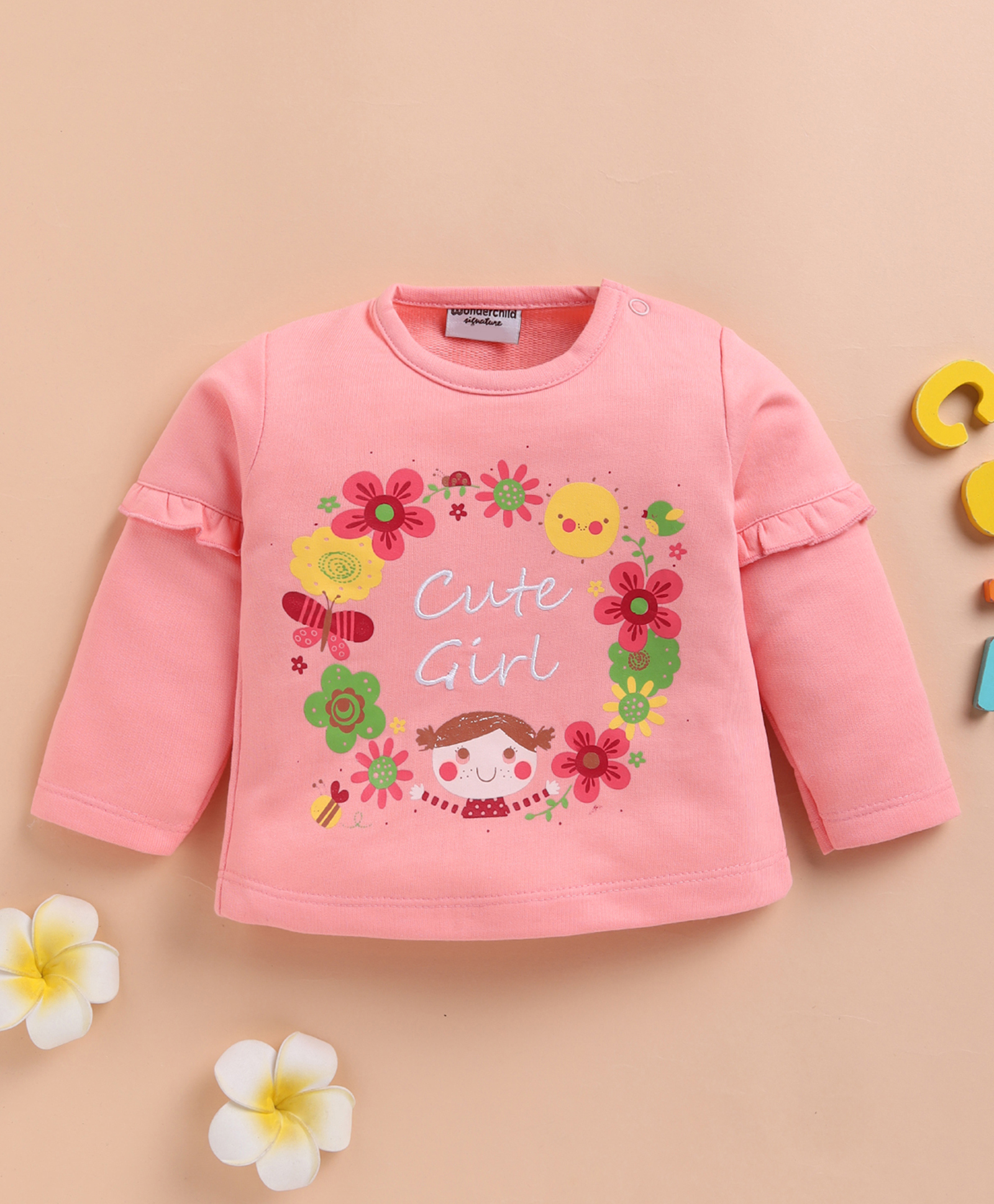 Wonderchild Full Sleeves Floral & Typography Printed Light Winter Sweatshirt - Peach-image-12