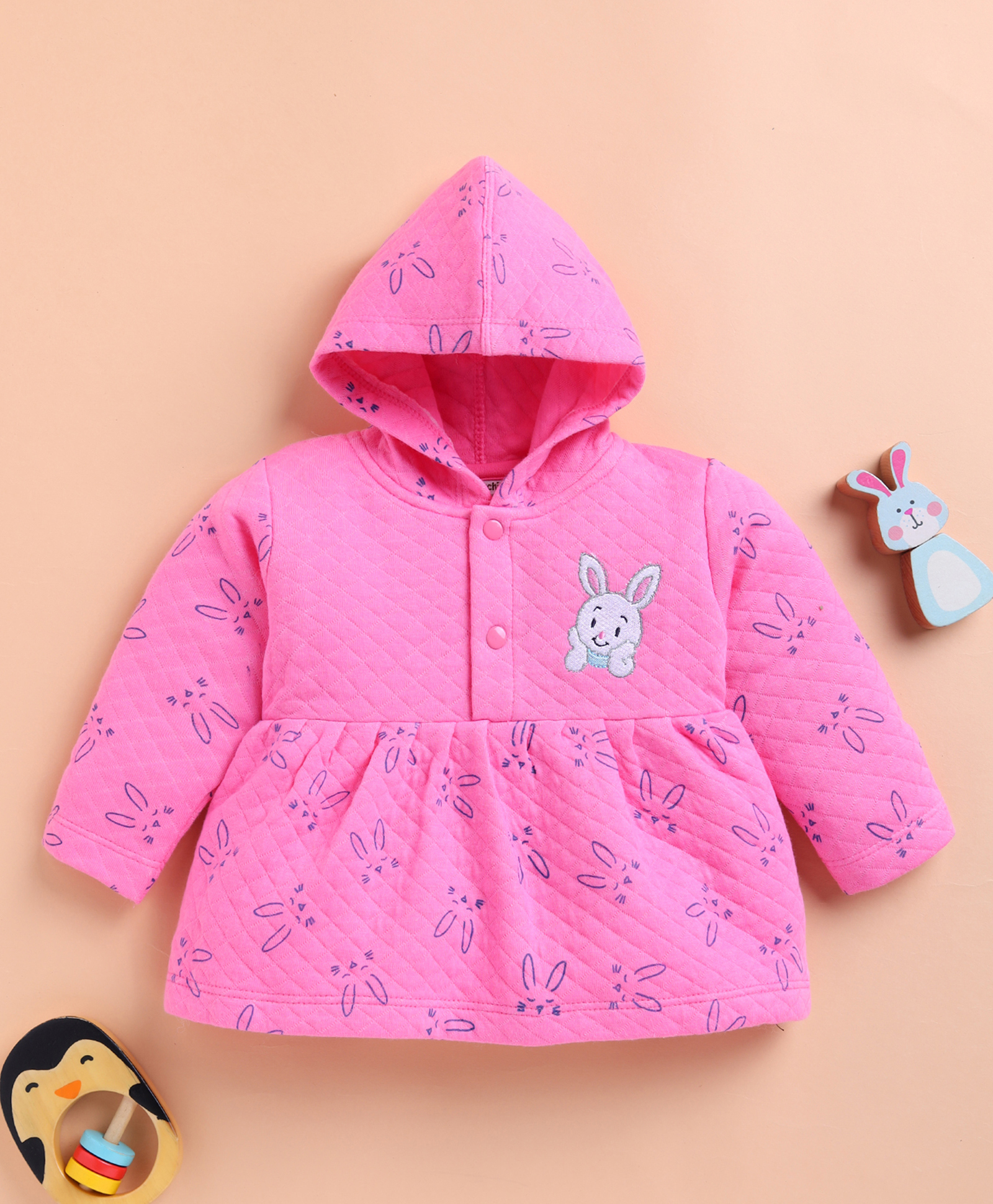 Wonderchild Full Sleeves Baby Bunny Patch Detailed Quilted Light Winter Hooded Sweatshirt - Rose-picture-20