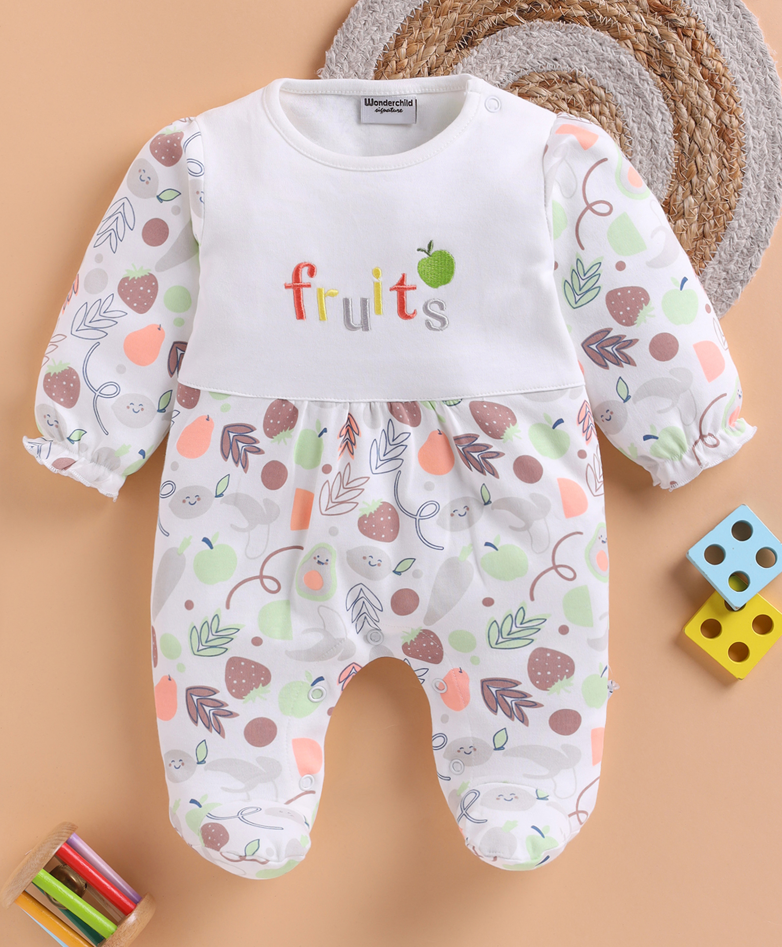 Wonderchild Full Sleeves Fruits Printed Footed Sleepsuit - Dull White-image-44