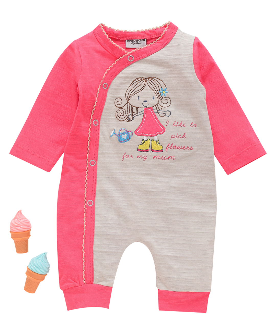 Wonderchild Full Sleeves Baby Girl & Typography Embroidered Romper - Cherry & Grey-image-26