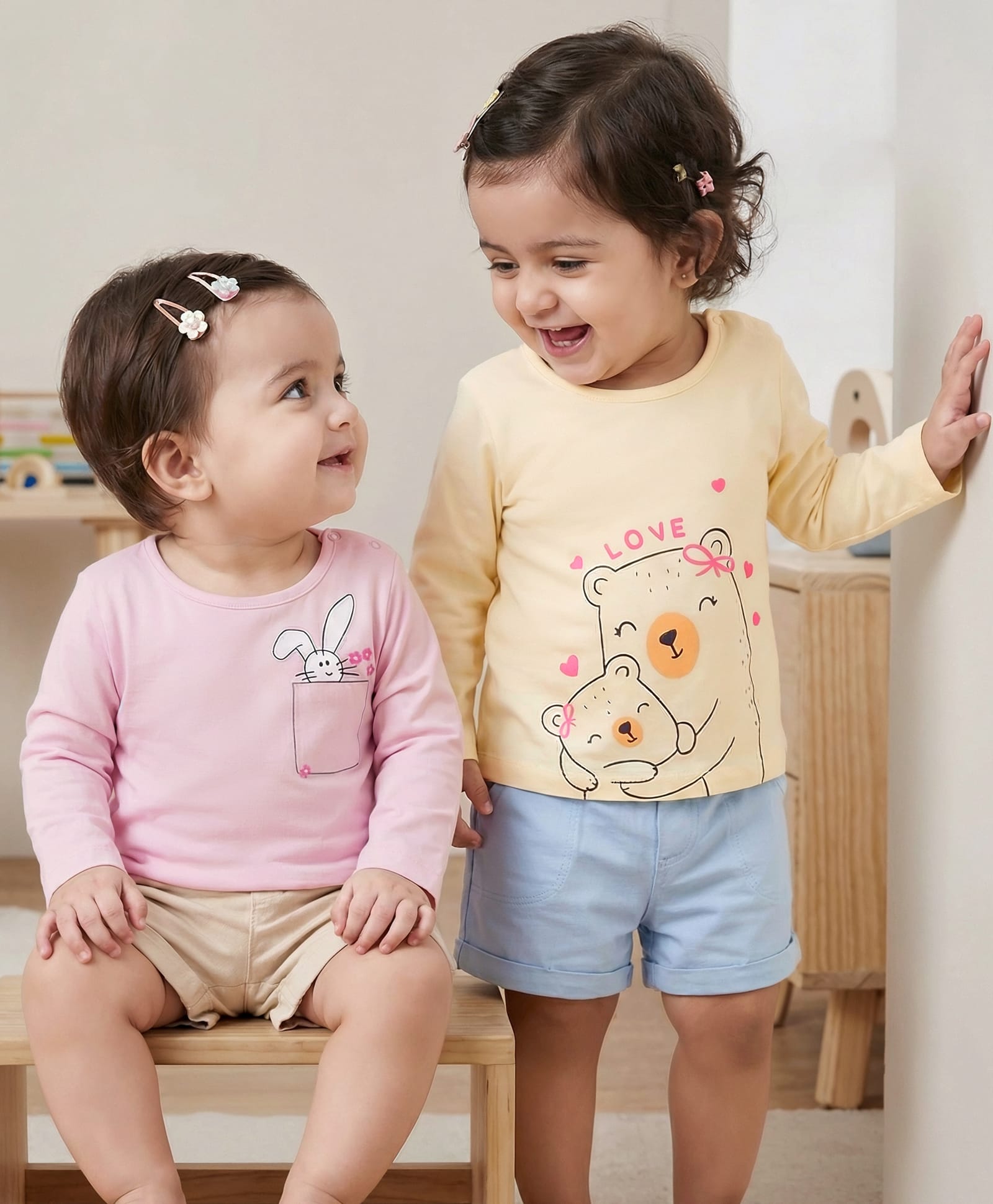 Kookie Kids Interlock Knit Full Sleeves T-Shirts With Bunny & Teddy Print Pack of 2 - Pink & Cream-image-34