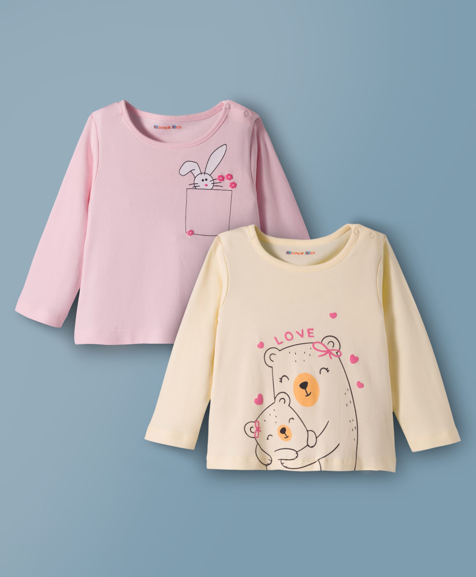 kookie kids india Kookie Kids Interlock Knit Full Sleeves T-Shirts With Bunny & Teddy Print Pack of 2 - Pink & Cream-picture-10