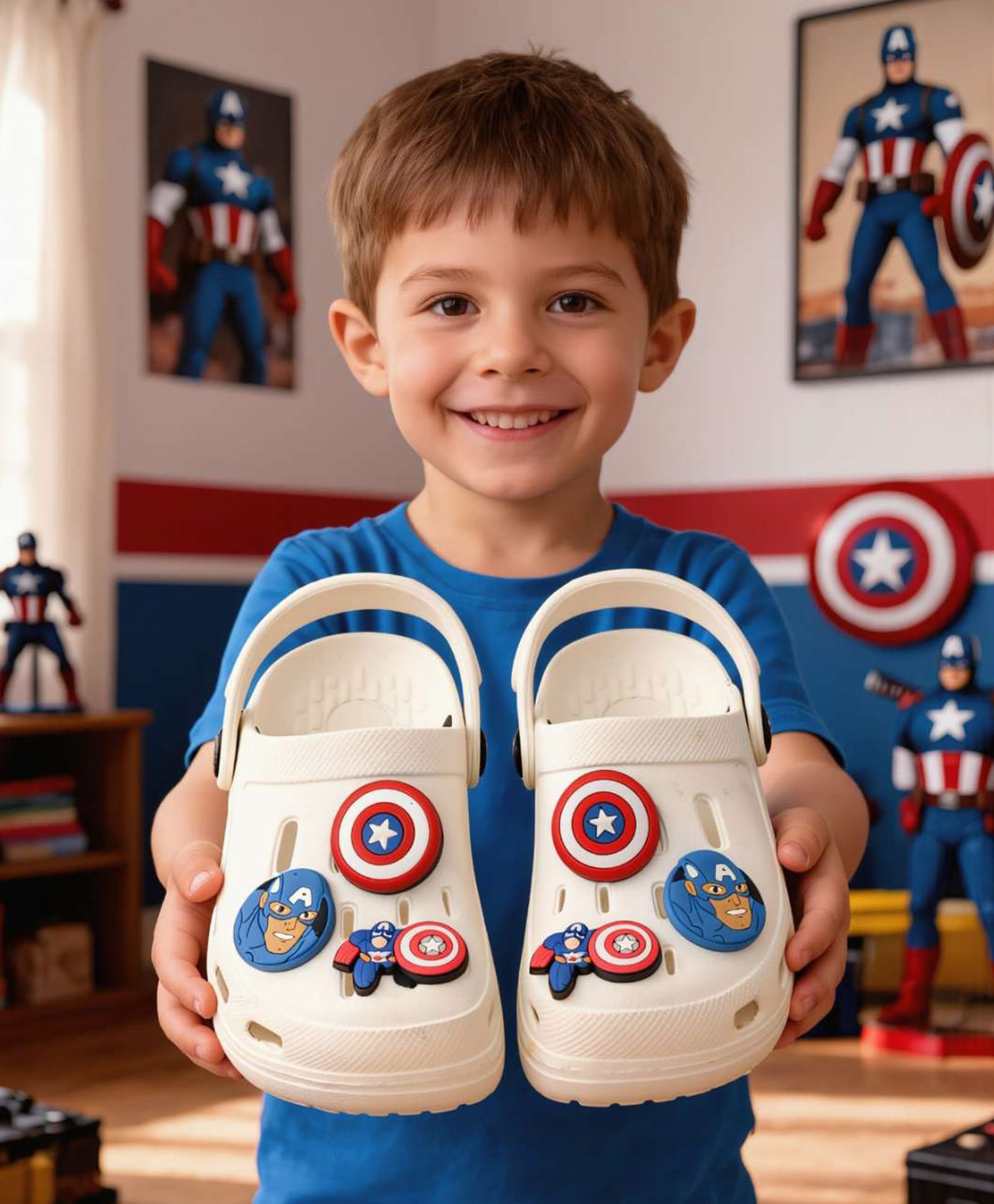 Yellow Bee Marvel Featuring Captain America Applique Detailed Perforated Slingback Clogs - White-picture-25