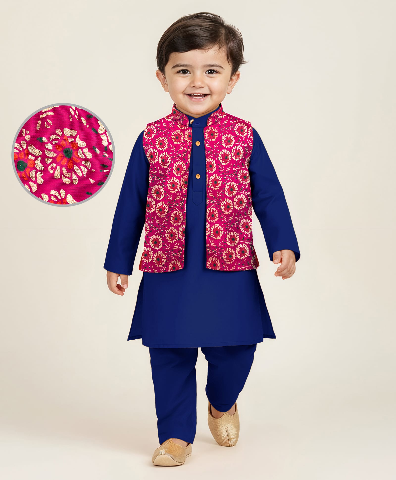 EARTHY TOUCH Cotton Woven Full Sleeves Kurta Pajama & Floral Foil Printed Jacket Set - Navy Blue-image-48