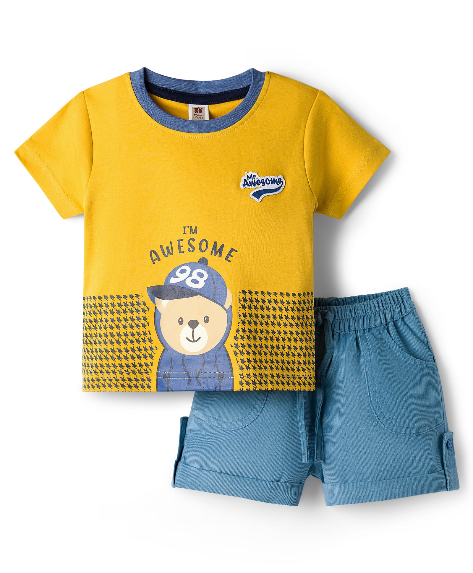 ToffyHouse Knitted Half Sleeves T-Shirt & Shorts Set With Bear Print - Yellow & Blue-picture-14