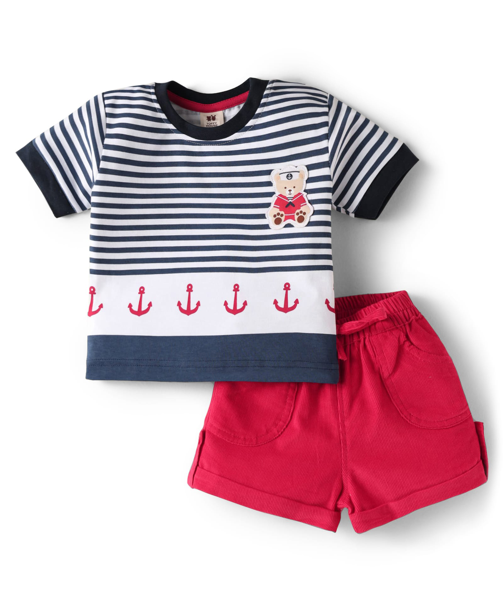 ToffyHouse Woven Half Sleeves Striped T-Shirt & Shorts Set With Teddy Bear Patch & Anchor Print - Navy Blue & Red-picture-27