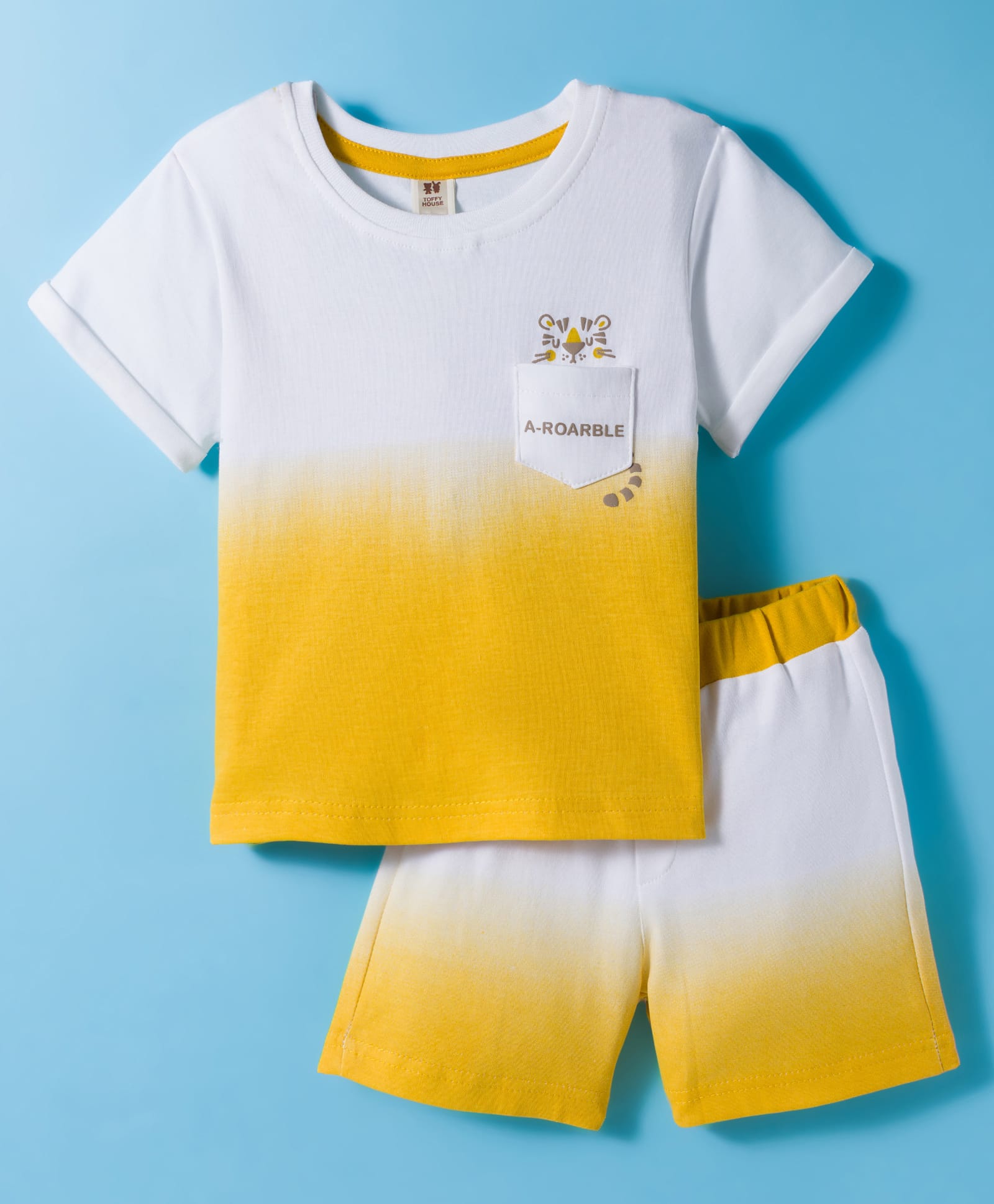 ToffyHouse Cotton Knit Half Sleeves T-Shirt & Shorts Set With Tiger Print - Yellow & White-image-21