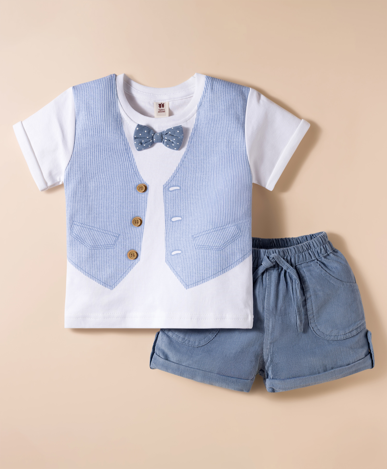 ToffyHouse Cotton Knit Half Sleeves T-Shirt & Shorts Set with Waist Coat Print & Bow Applique - White & Blue-picture-21