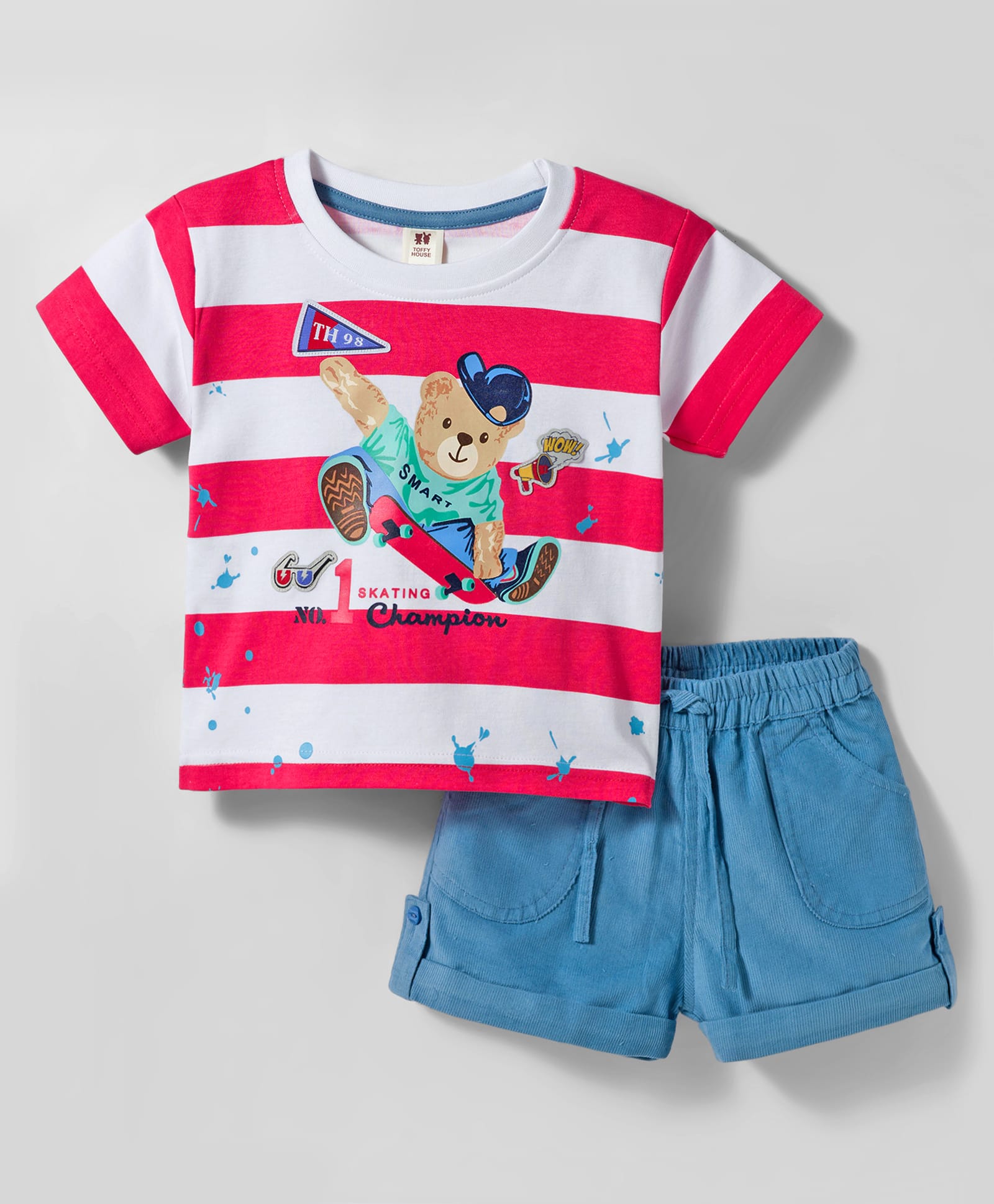 ToffyHouse Knit Half Sleeves T-Shirt & Shorts Set with Stripes & Teddy Print - Red & Light Blue-image-37