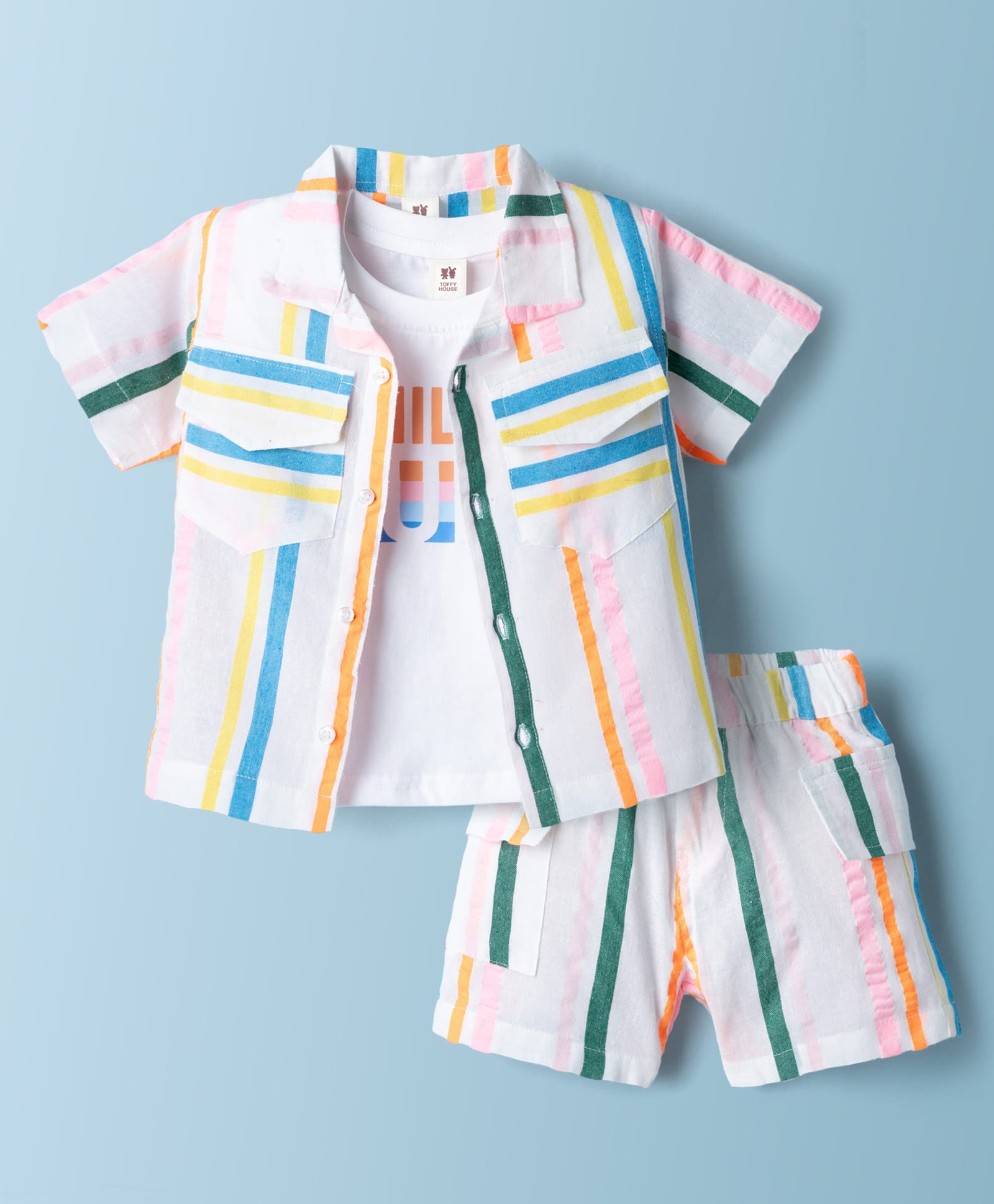 ToffyHouse Cotton Knit Half Sleeves Striped Shirt & Shorts Co-Ord Set With T-Shirt - White-picture-17