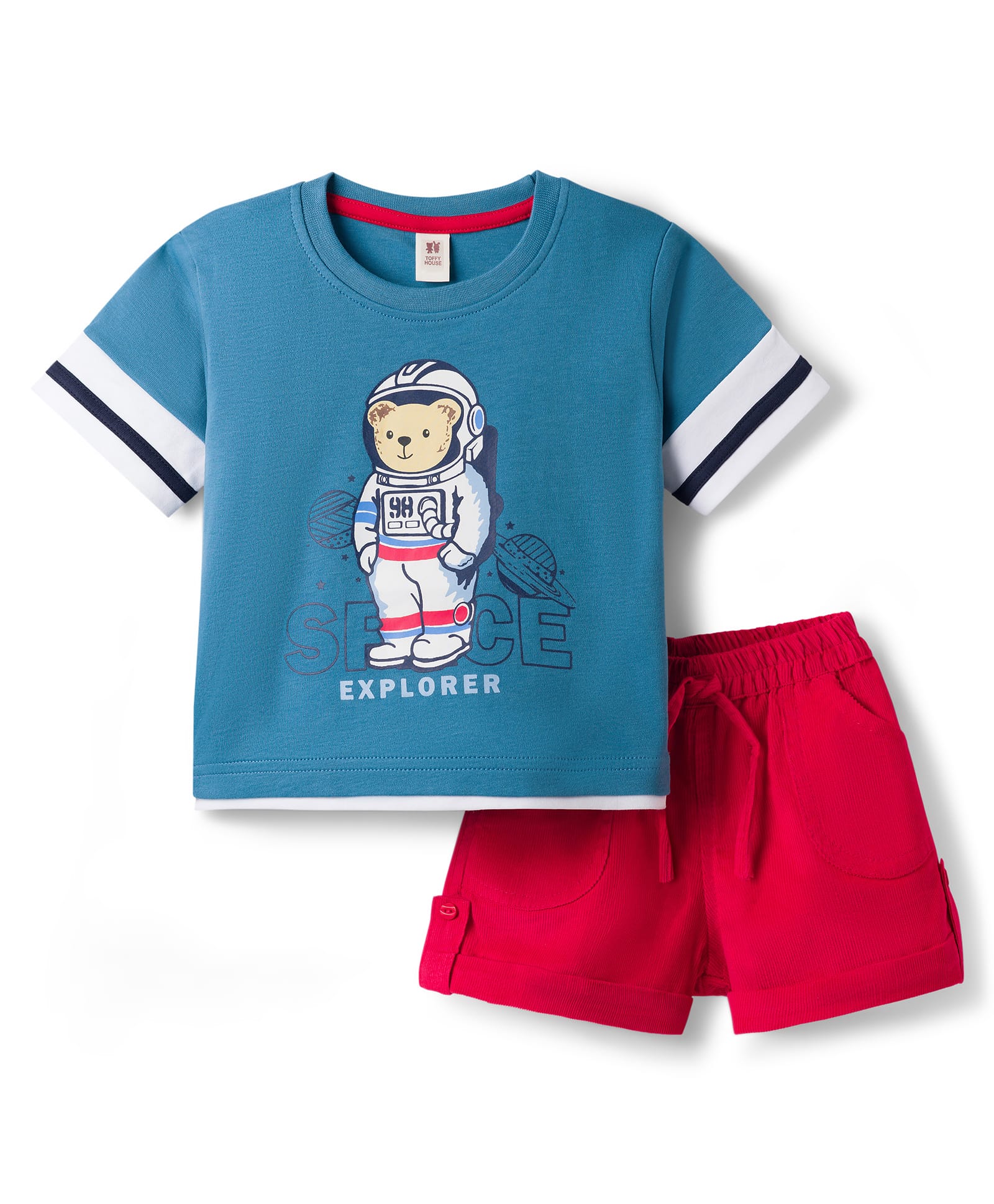 ToffyHouse Woven Half Sleeves T-Shirt & Shorts Set With Astronaut Print - Light Blue & Red-picture-10