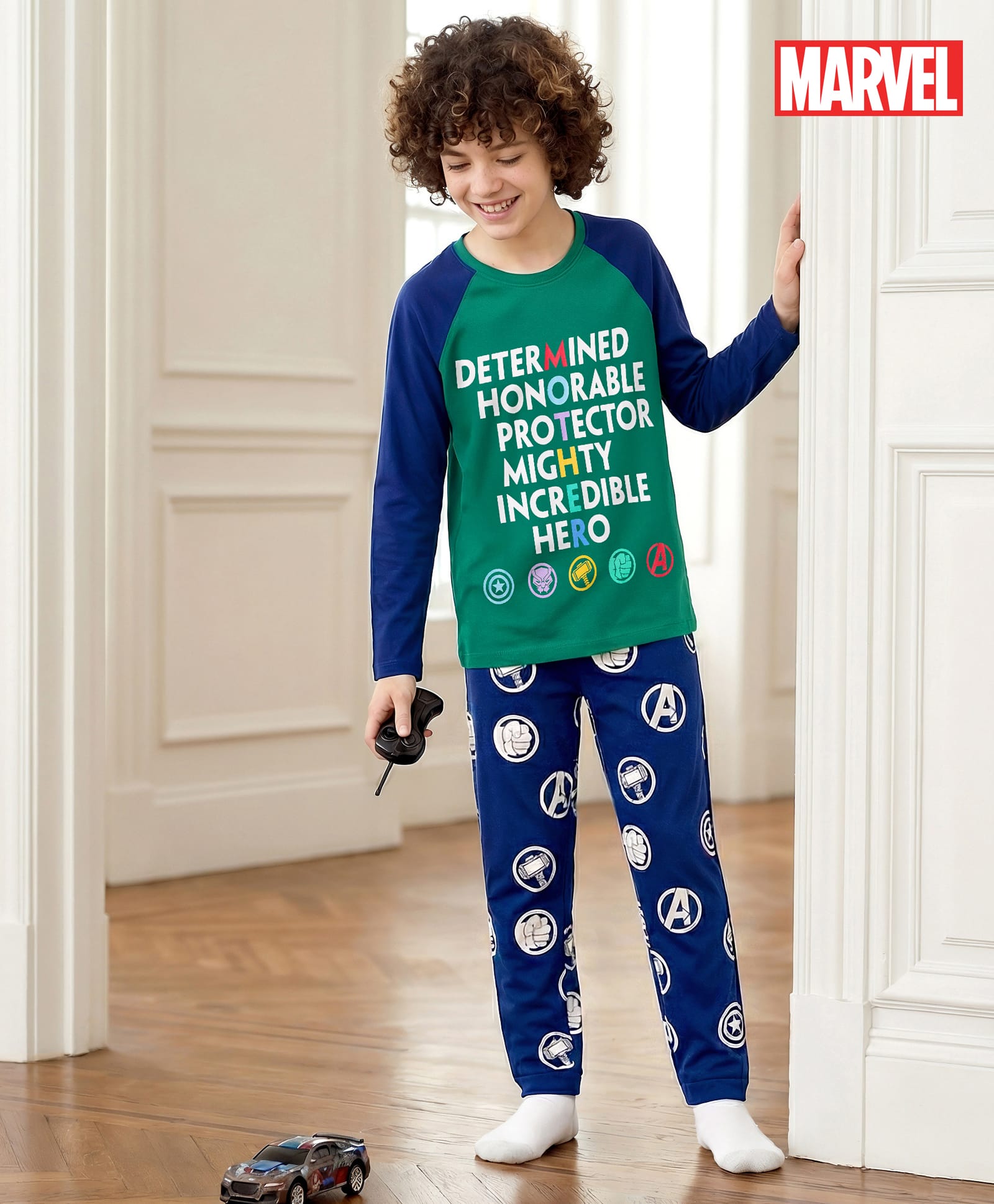 Honeyhap Marvel Single Jersey Knit Full Raglan Sleeves Night Suit With Avengers Print - Navy Blue-picture-2