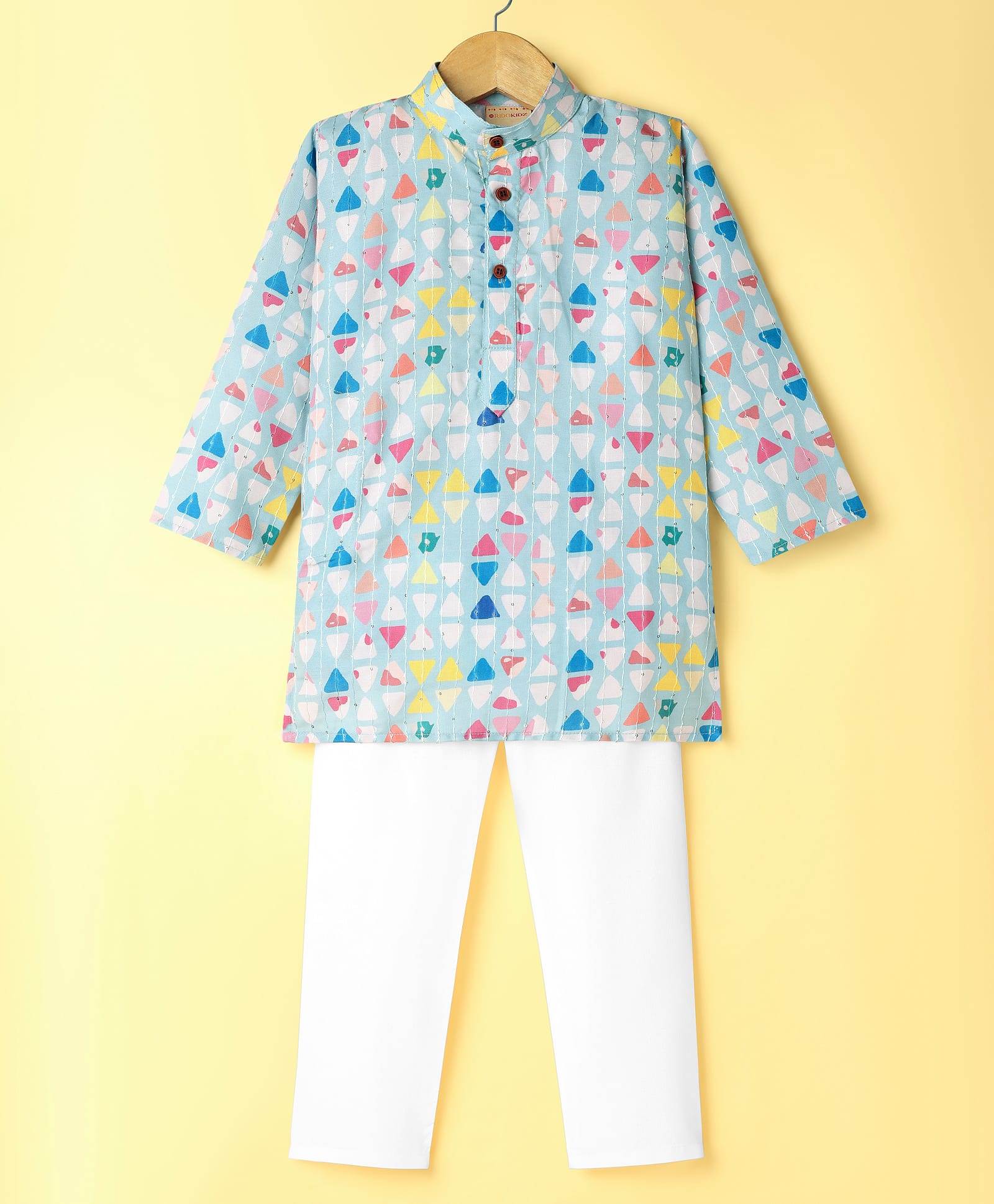 Ridokidz Full Sleeves Geometric Printed Kurta Pyjama Set - Light Blue-picture-46