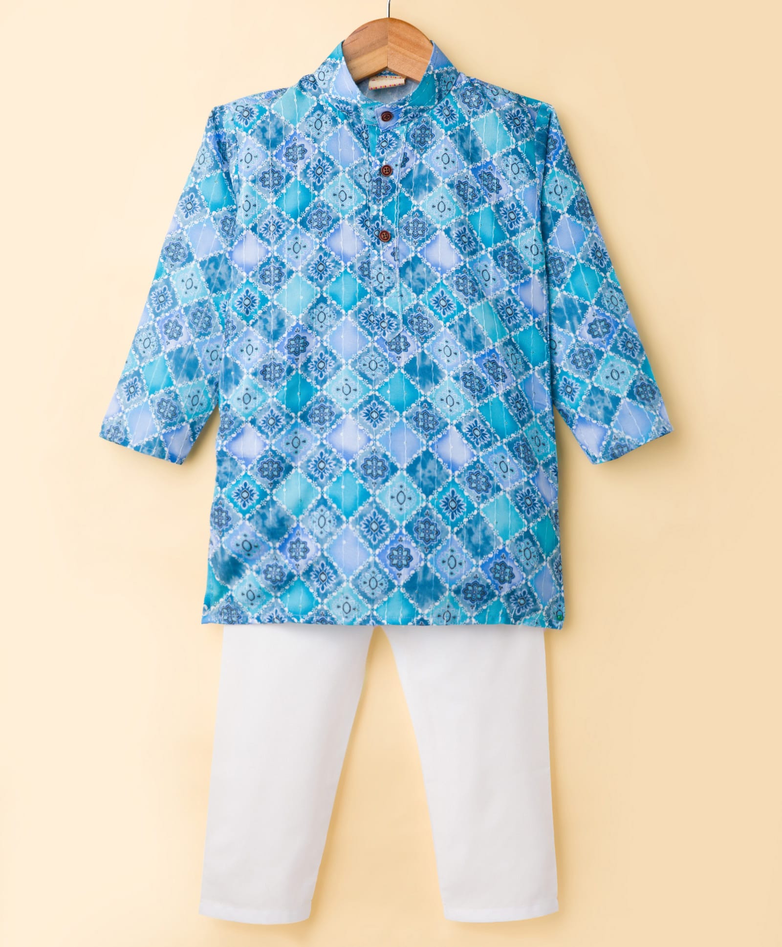 Ridokidz Full Sleeves Ethnic Motif Printed & Sequins Embellished Kurta Pyjama Set - Blue-picture-29